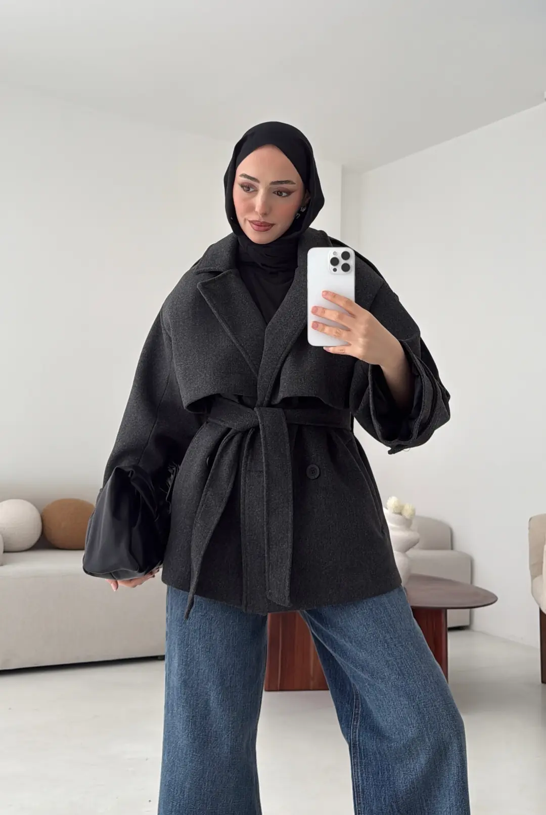 Antrasit Düğmeli Kol Manşetli Kaşe Kaban