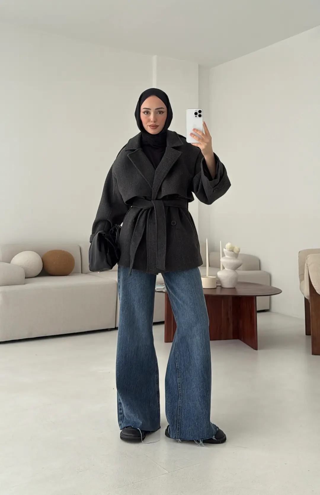 Antrasit Düğmeli Kol Manşetli Kaşe Kaban - Görsel 2