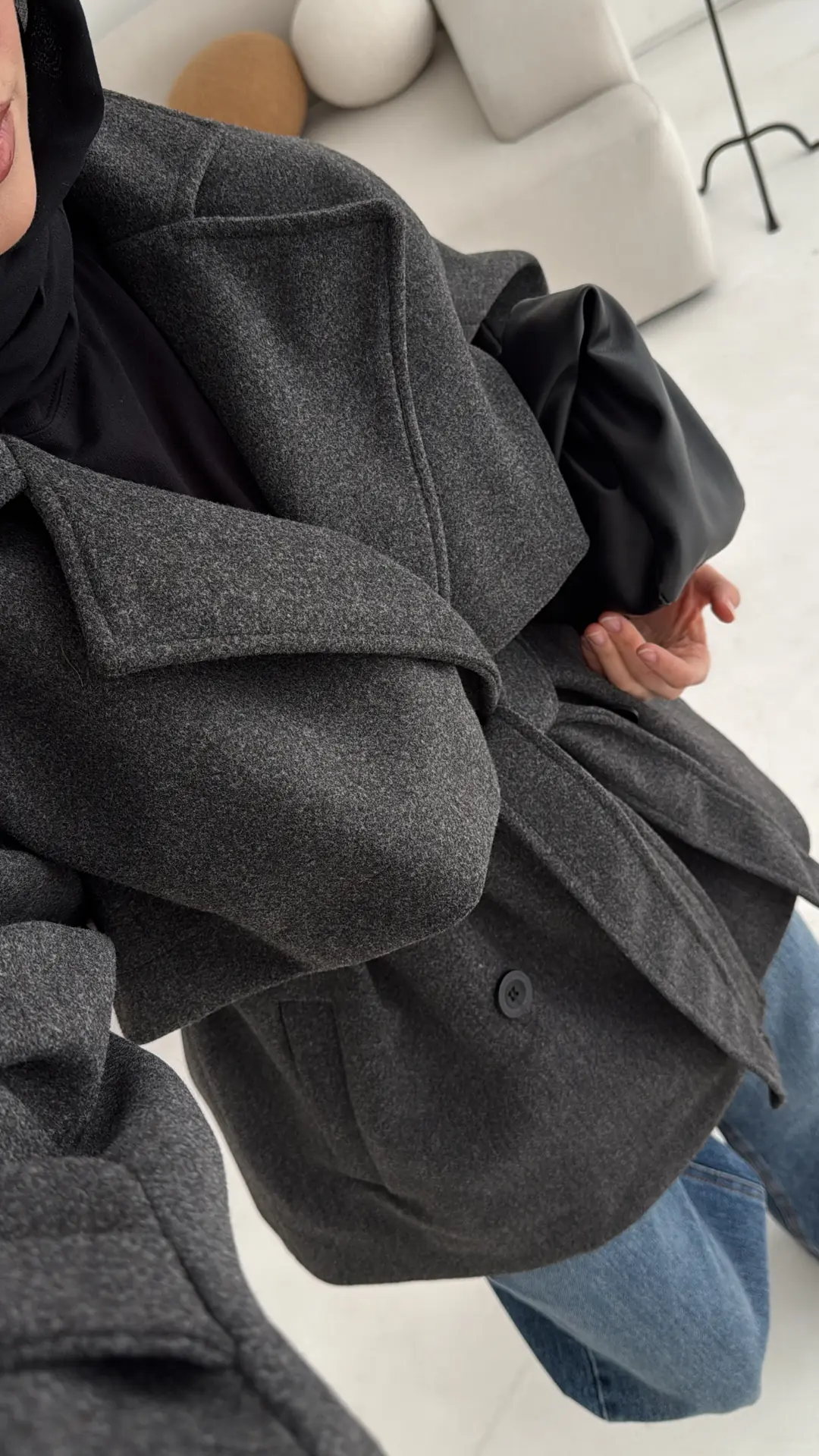 Antrasit Düğmeli Kol Manşetli Kaşe Kaban - Görsel 3