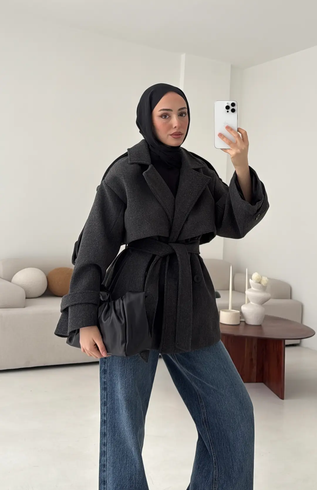 Antrasit Düğmeli Kol Manşetli Kaşe Kaban - Görsel 7