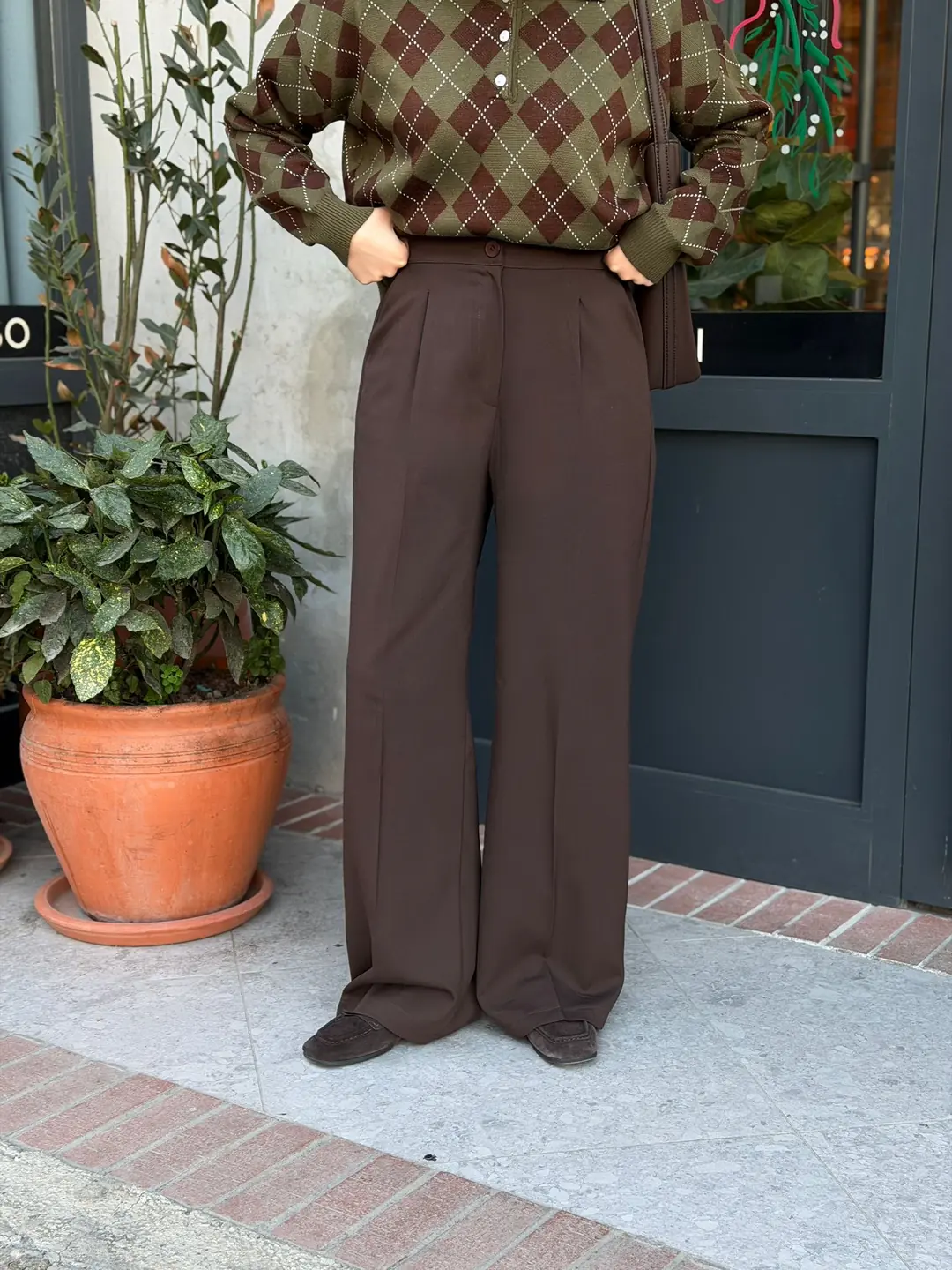 Arkası Lastikli Bol Paça Pantolon Kahve