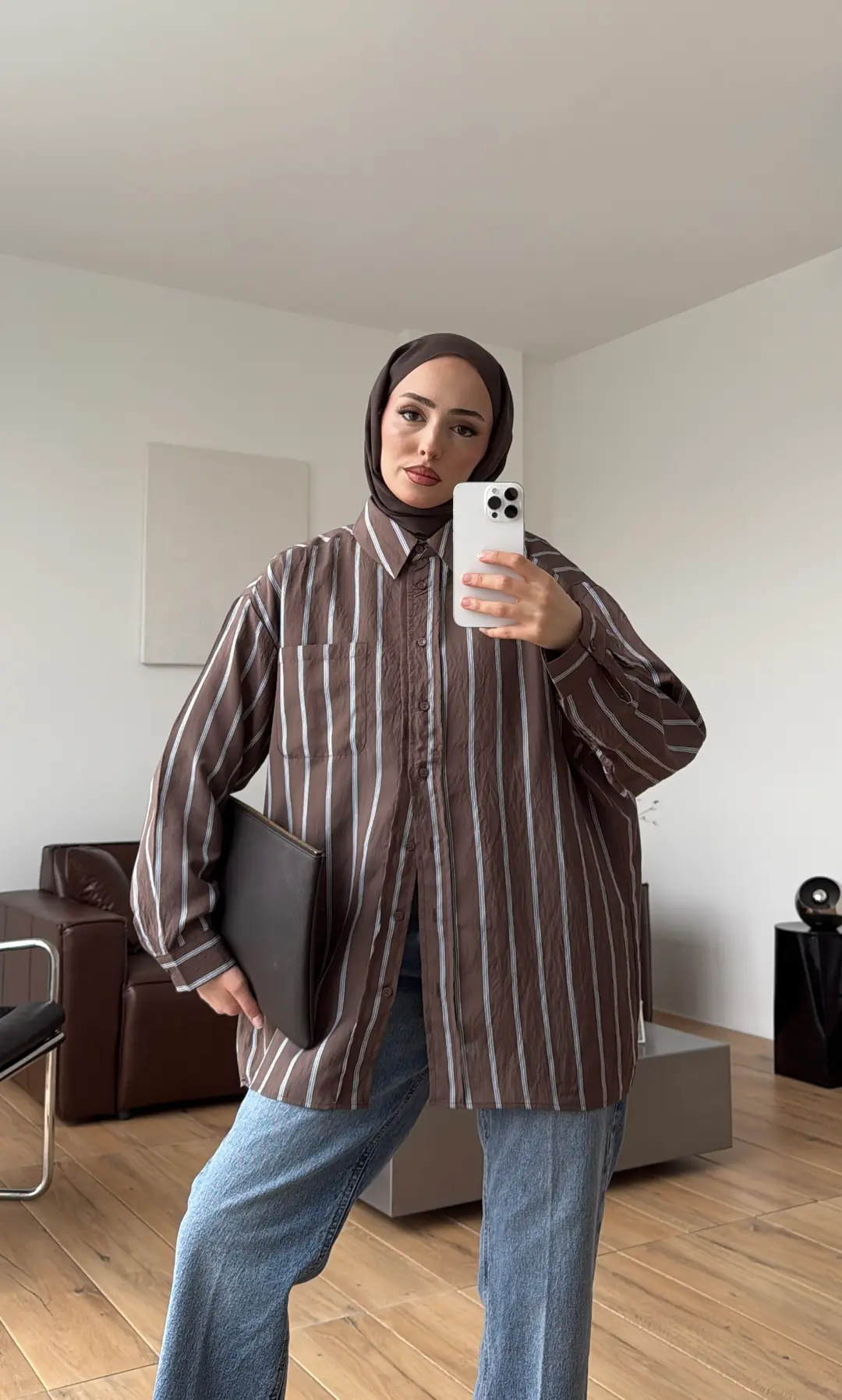 Arkası Pile Detay Çizgili Gömlek Kahve