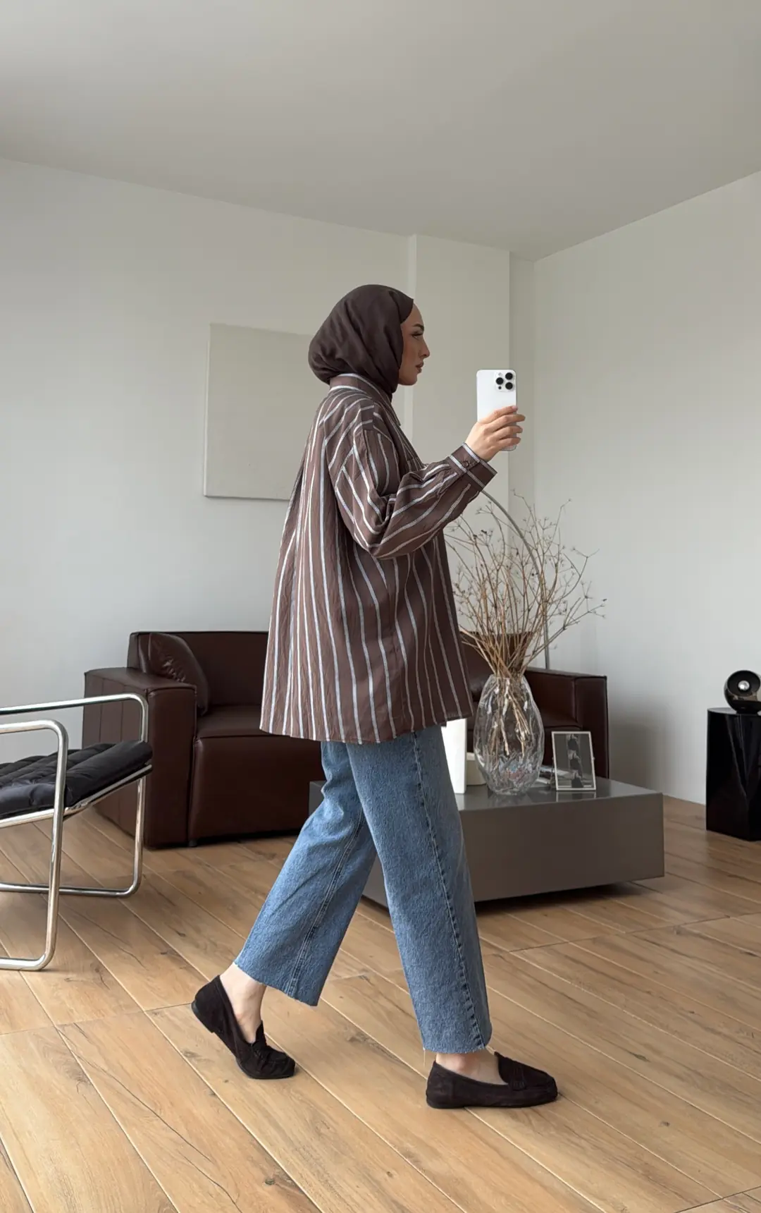 Arkası Pile Detay Çizgili Gömlek Kahve - Görsel 2