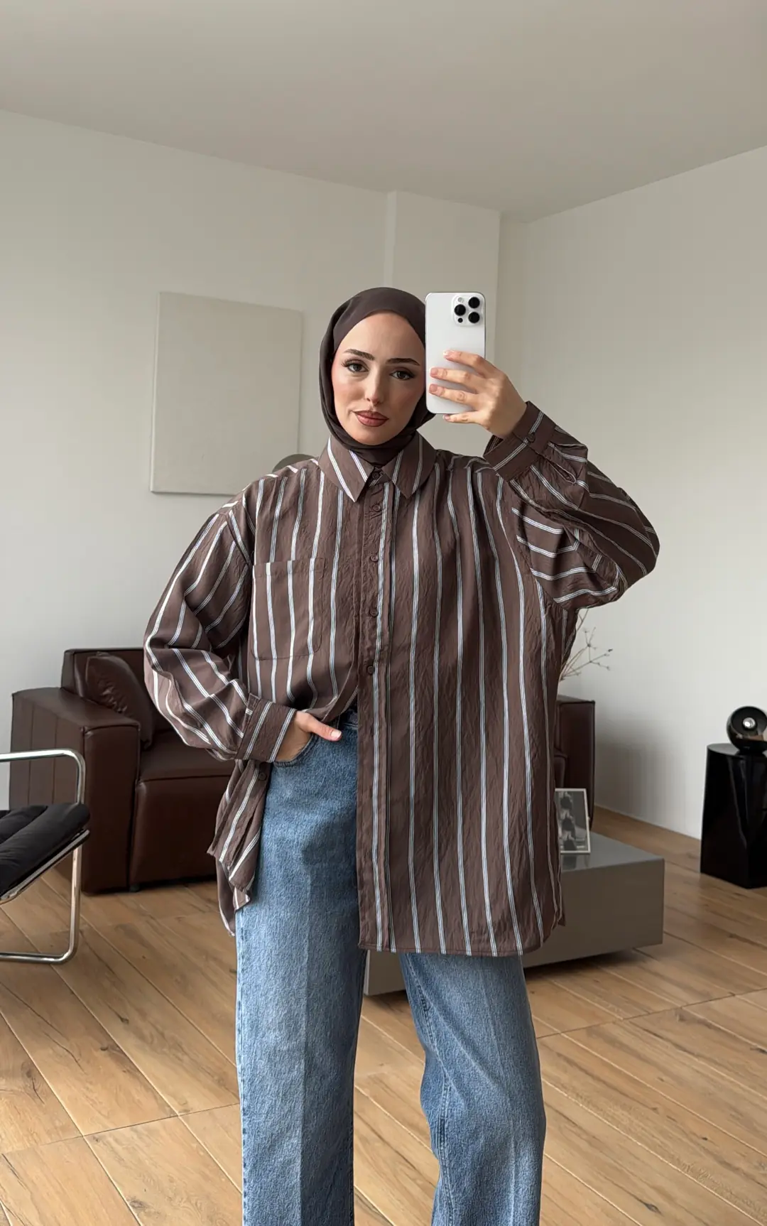 Arkası Pile Detay Çizgili Gömlek Kahve - Görsel 5