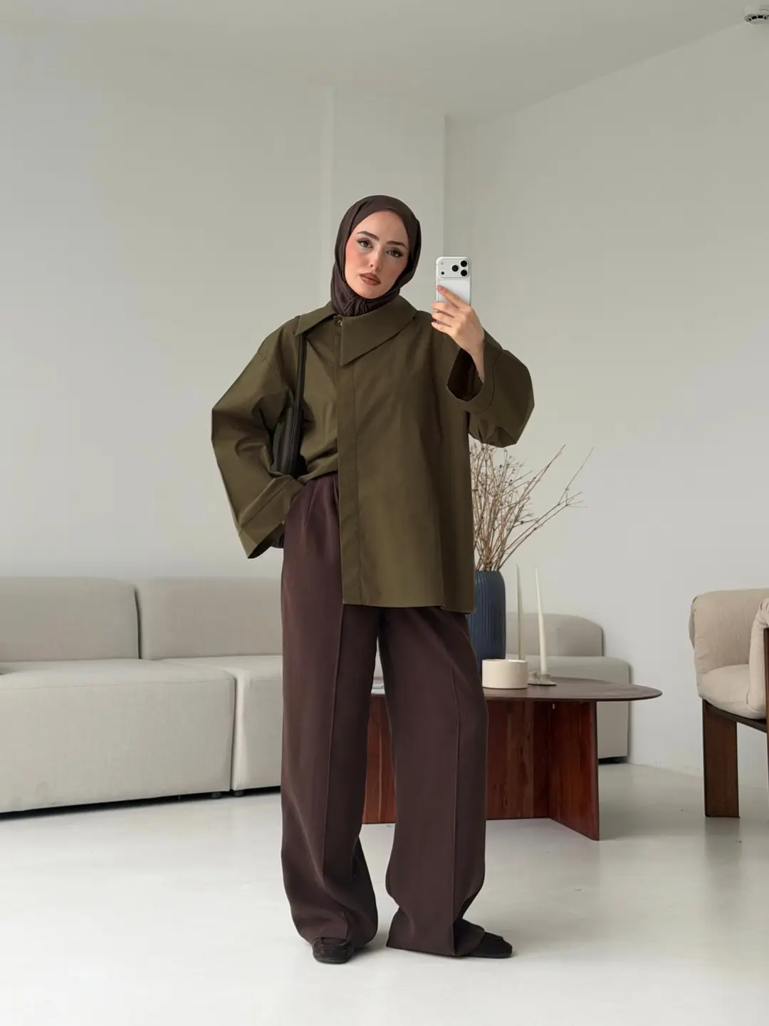 Asimetrik Yaka Oversize Gömlek Haki - Görsel 2