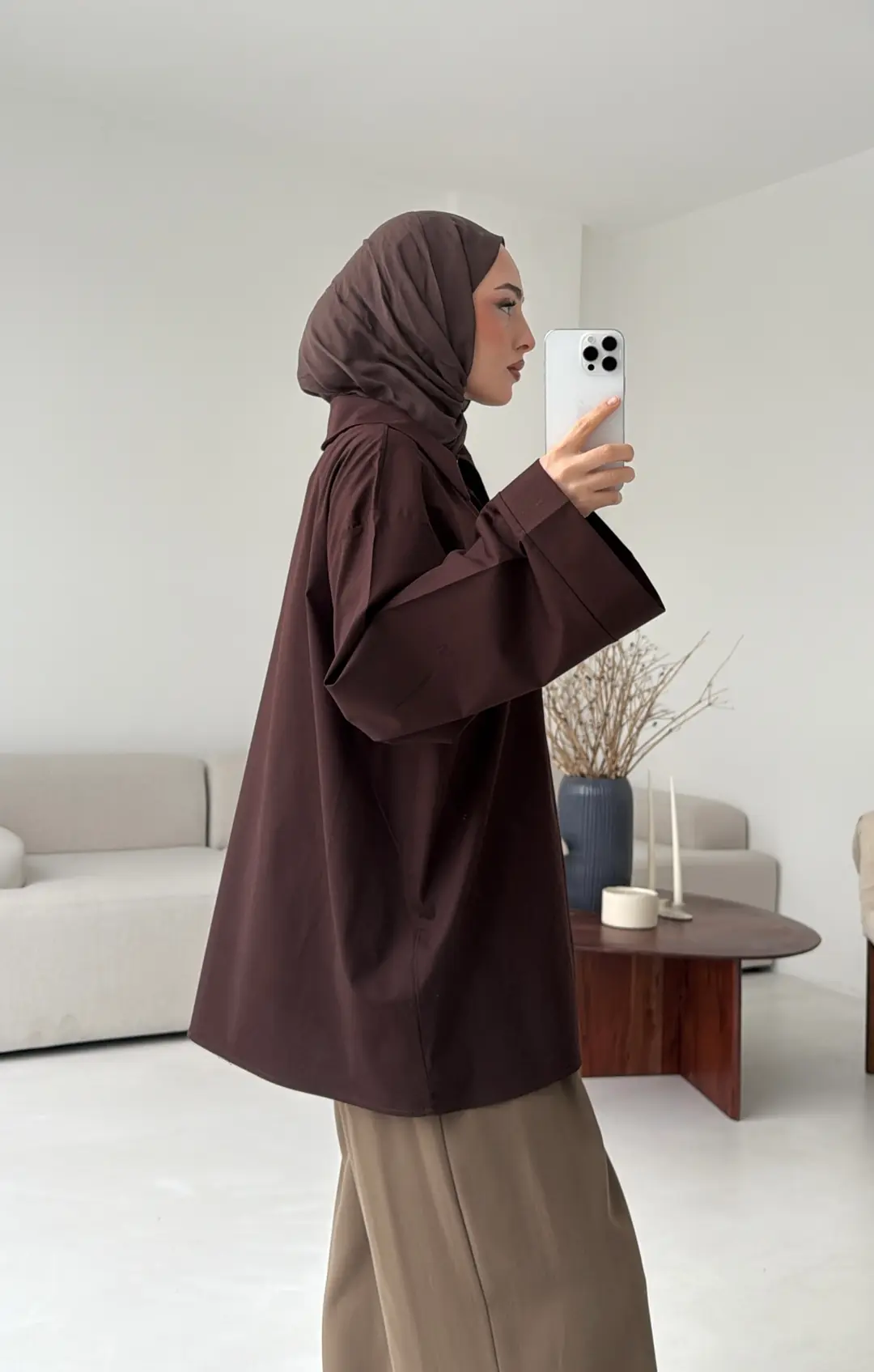 Asimetrik Yaka Oversize Gömlek  Kahve - Görsel 2