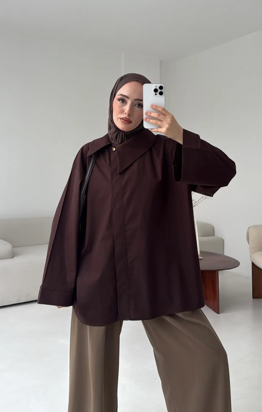 Asimetrik Yaka Oversize Gömlek  Kahve - Görsel 7