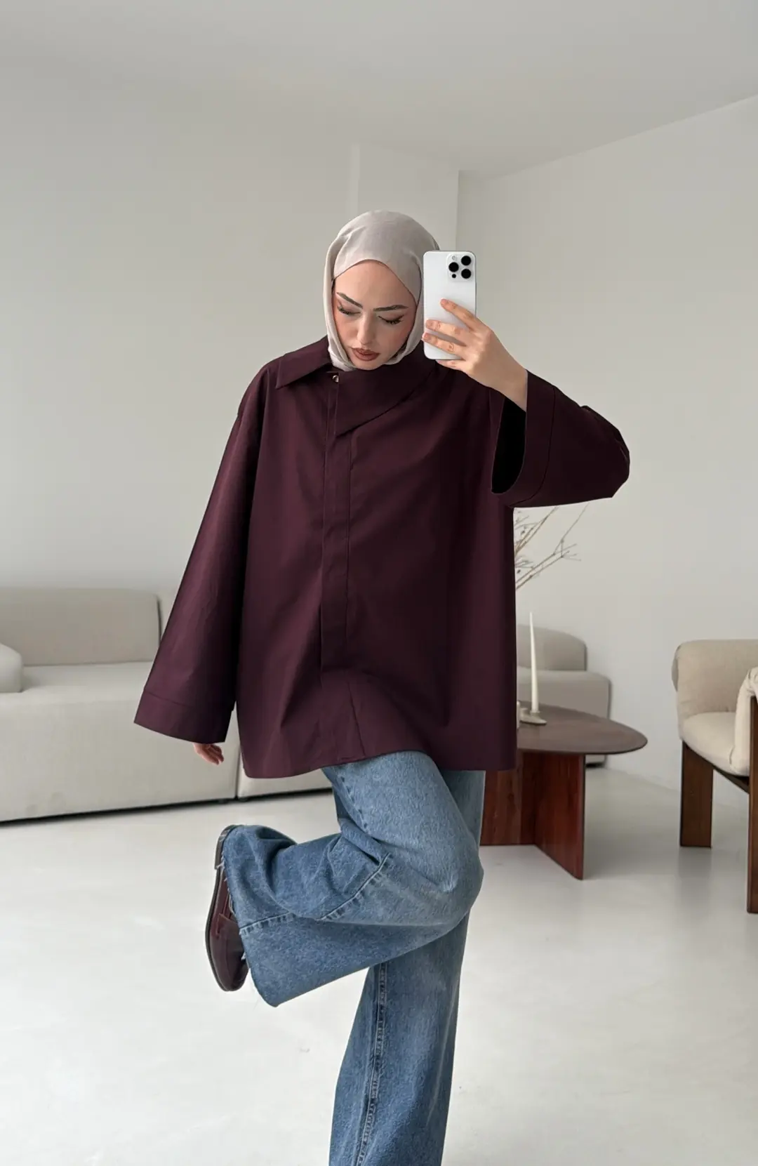 Asimetrik Yaka Oversize Gömlek Mürdüm