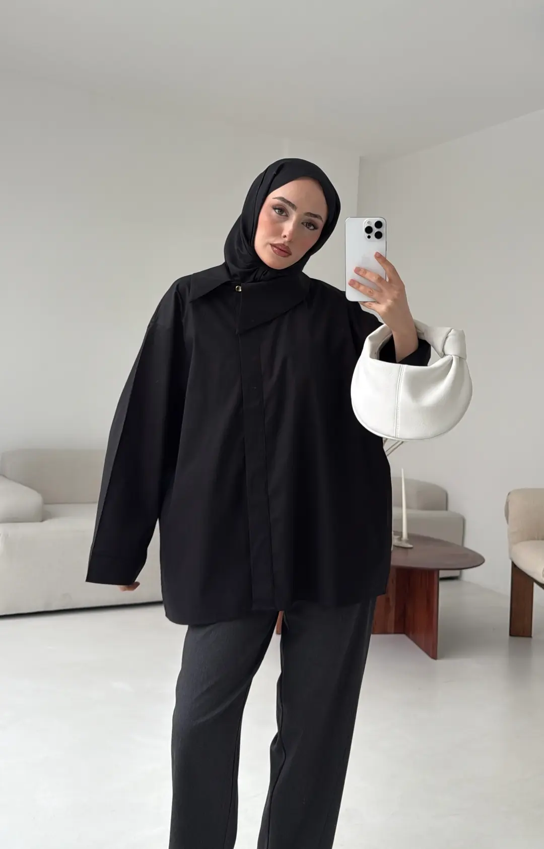 Asimetrik Yaka Oversize Gömlek Siyah - Görsel 5