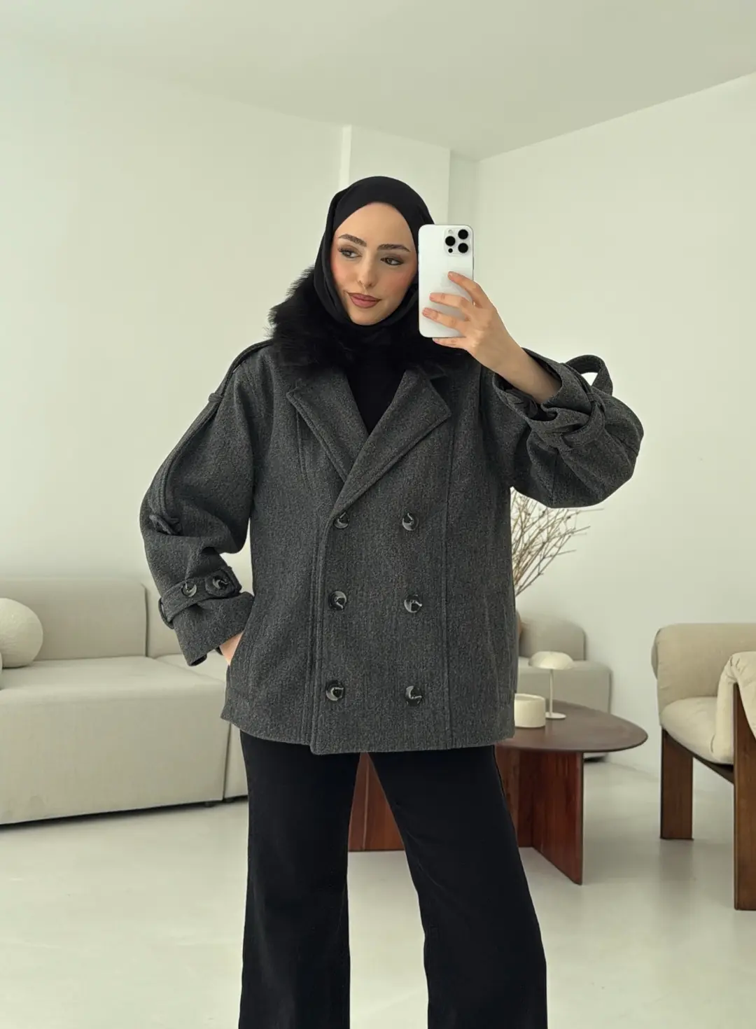 Asortİ Yakalı Kaşe Kaban Antrasit - Görsel 7