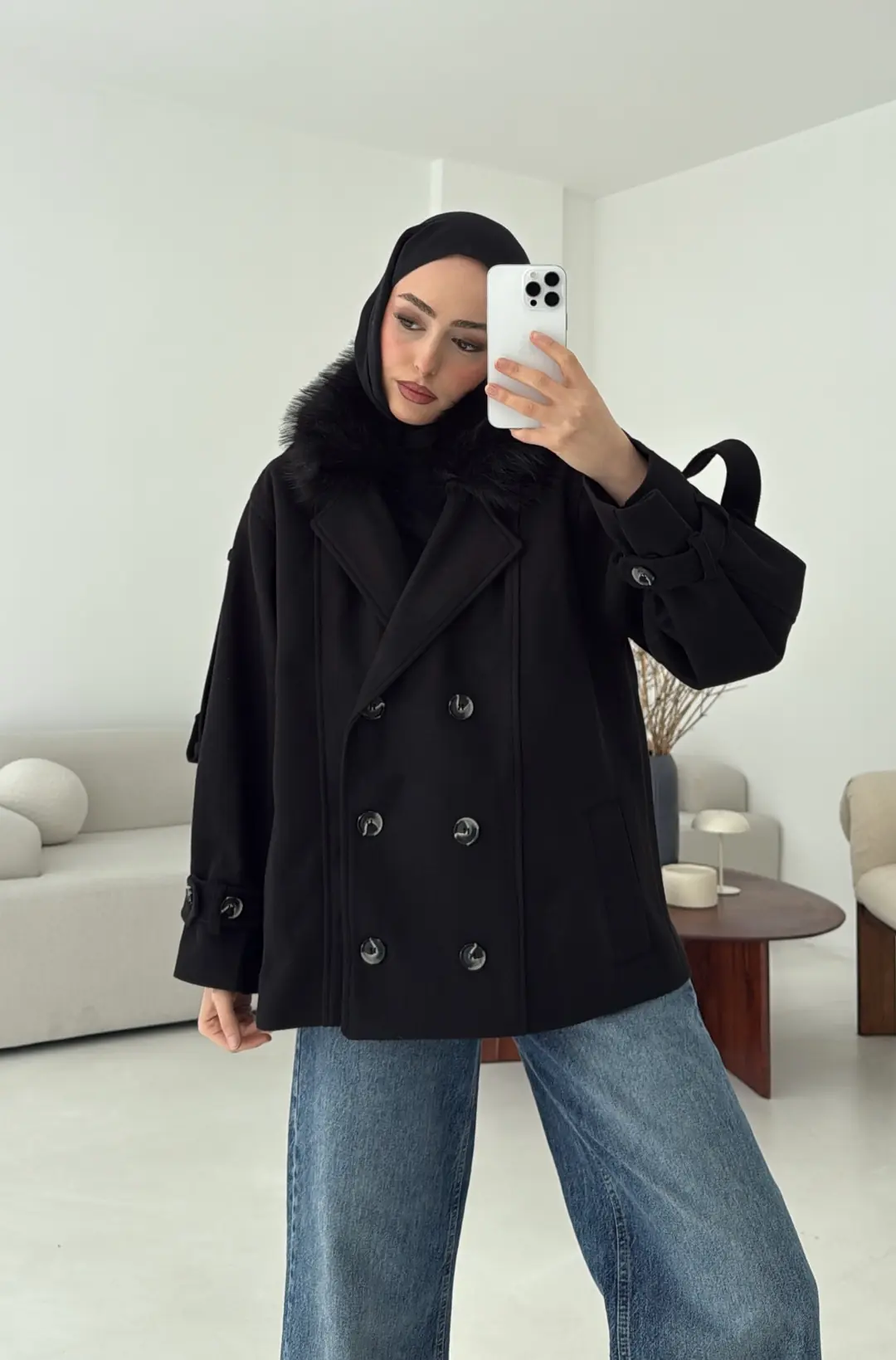 Asortİ Yakalı Kaşe Kaban Siyah