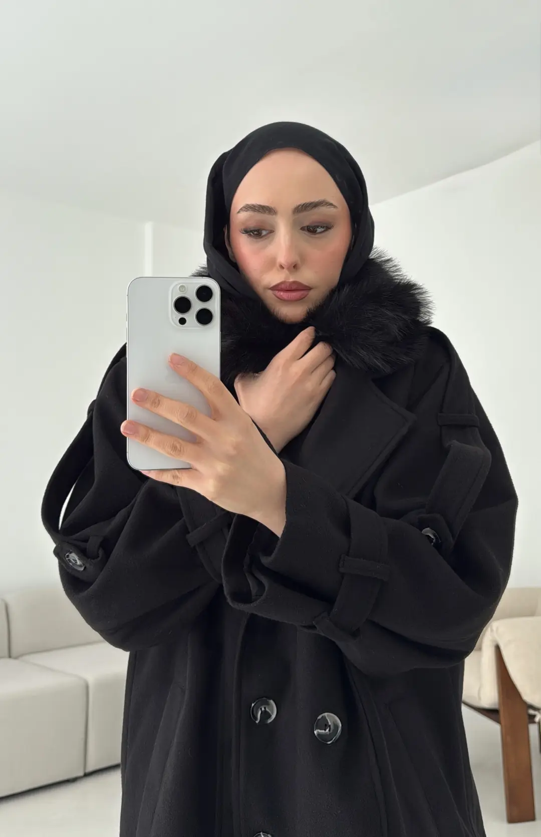 Asortİ Yakalı Kaşe Kaban Siyah - Görsel 4