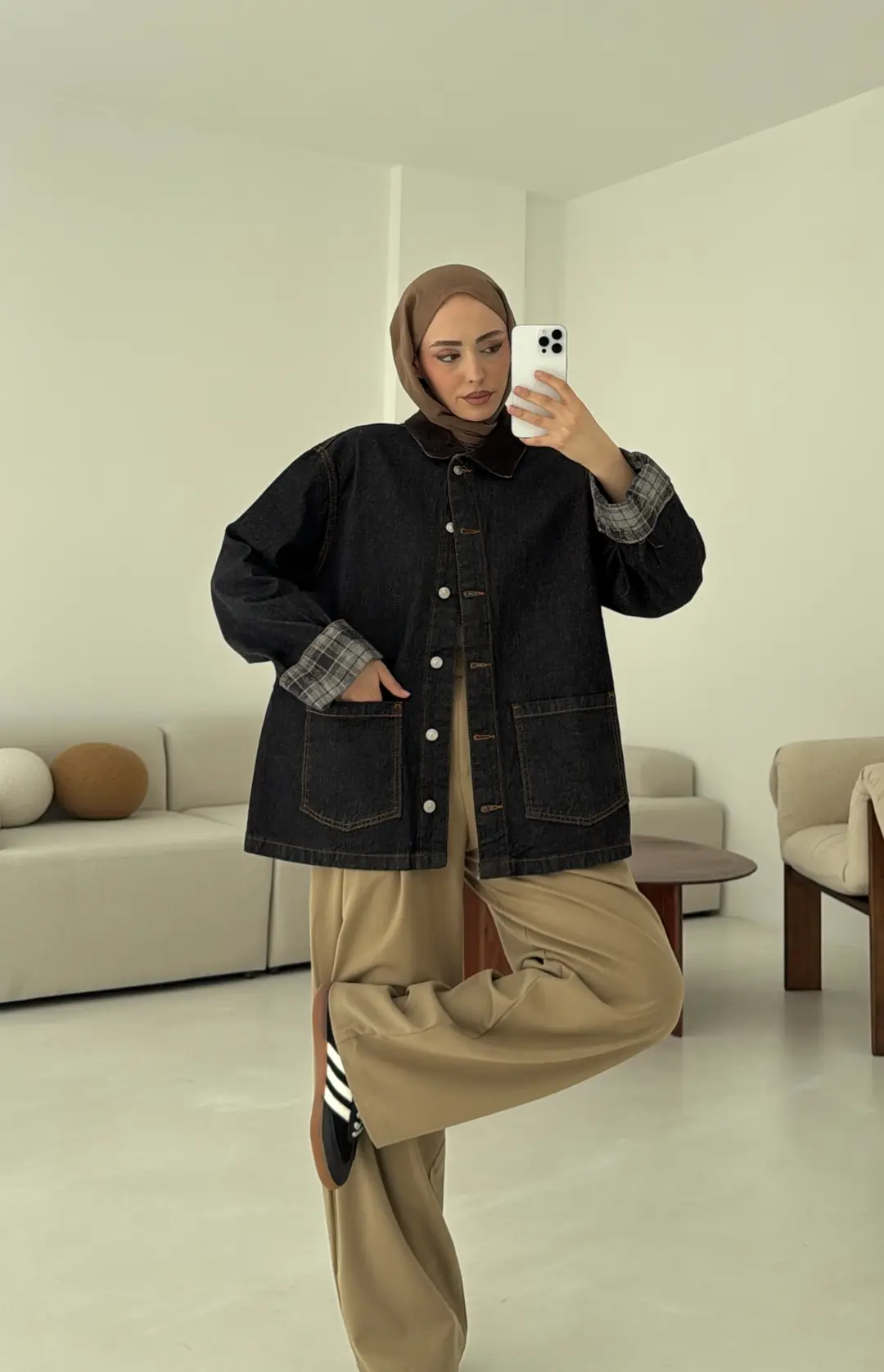 Astarı Ekose Detay Denim Ceket - Görsel 2