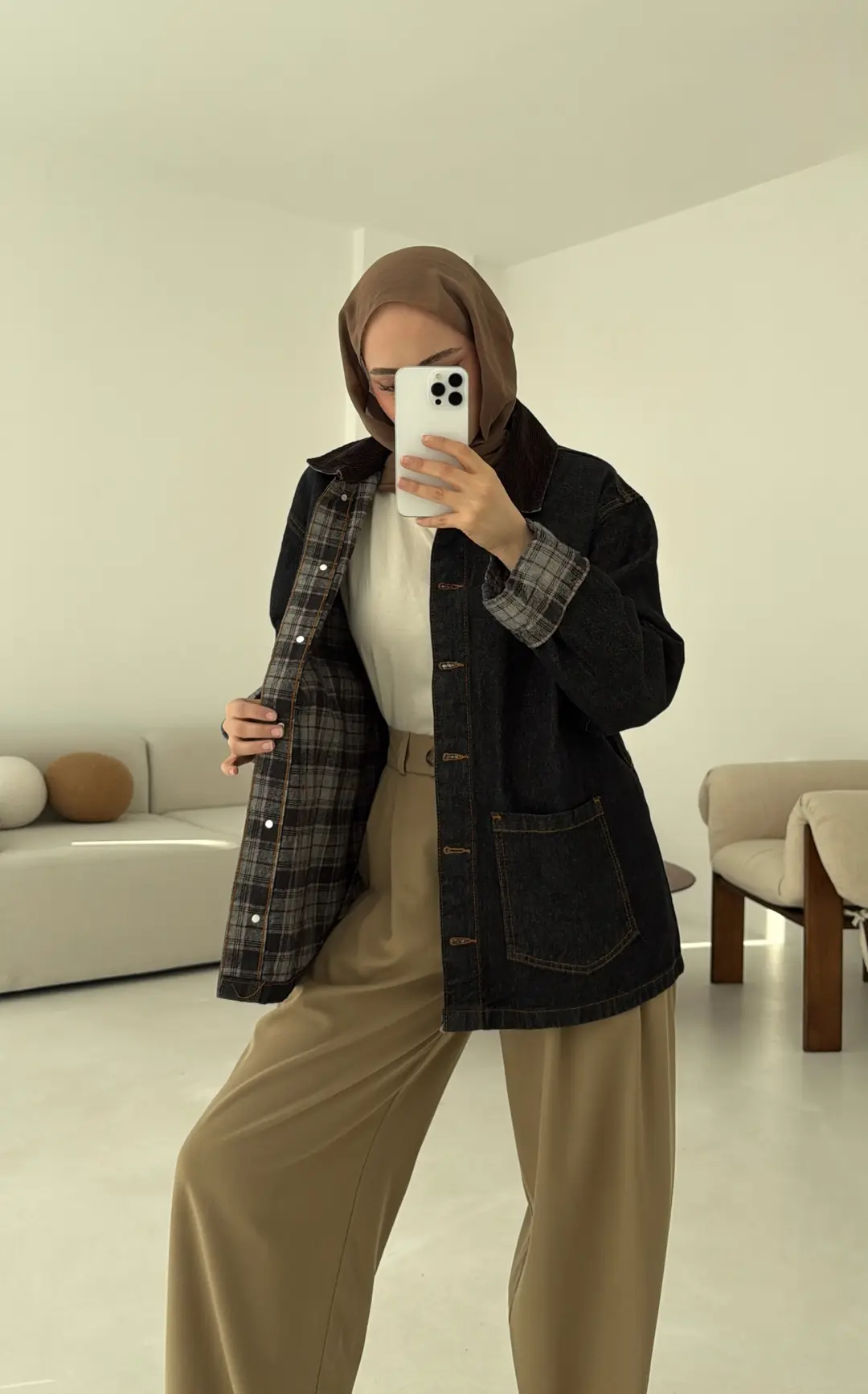 Astarı Ekose Detay Denim Ceket - Görsel 3