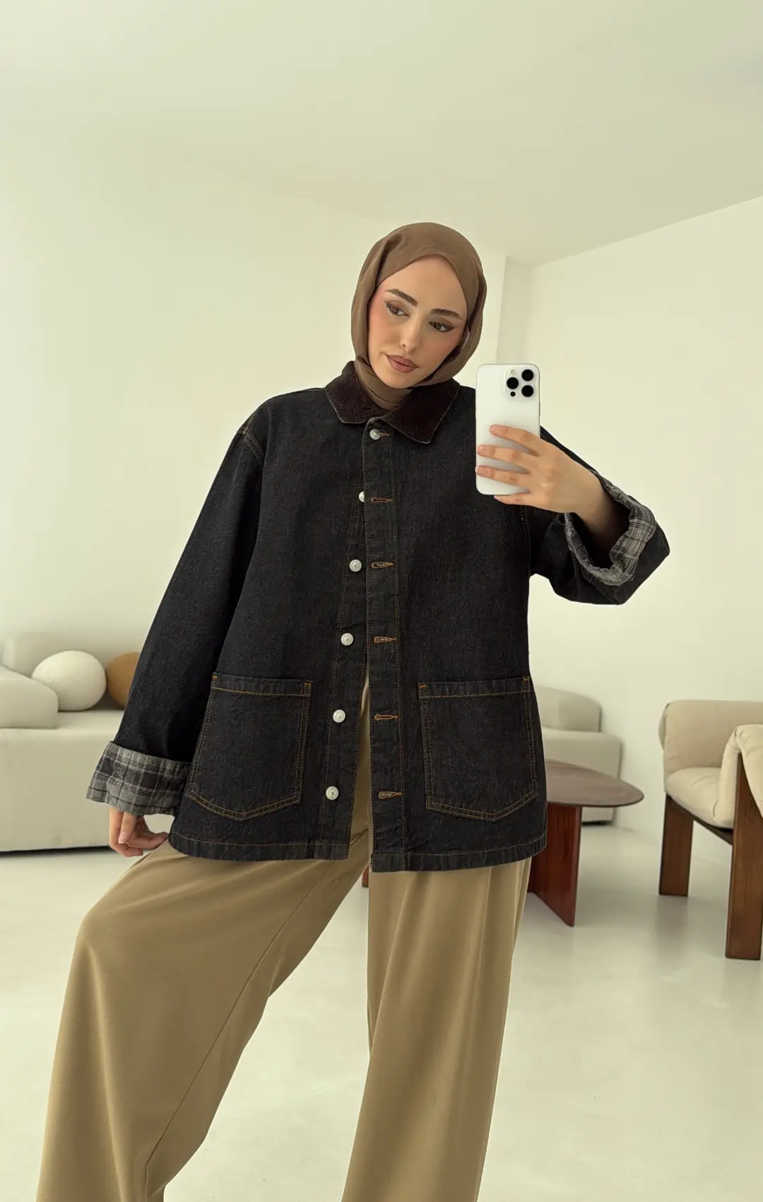 Astarı Ekose Detay Denim Ceket - Görsel 5