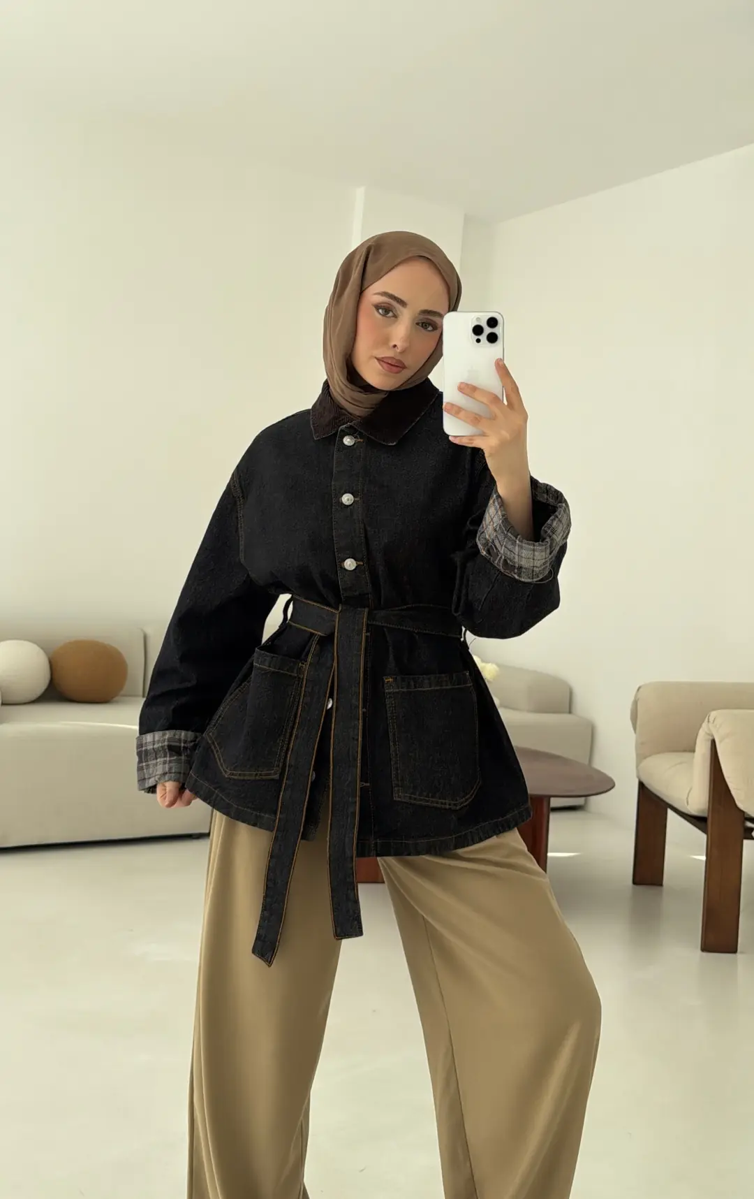 Astarı Ekose Detay Denim Ceket - Görsel 6