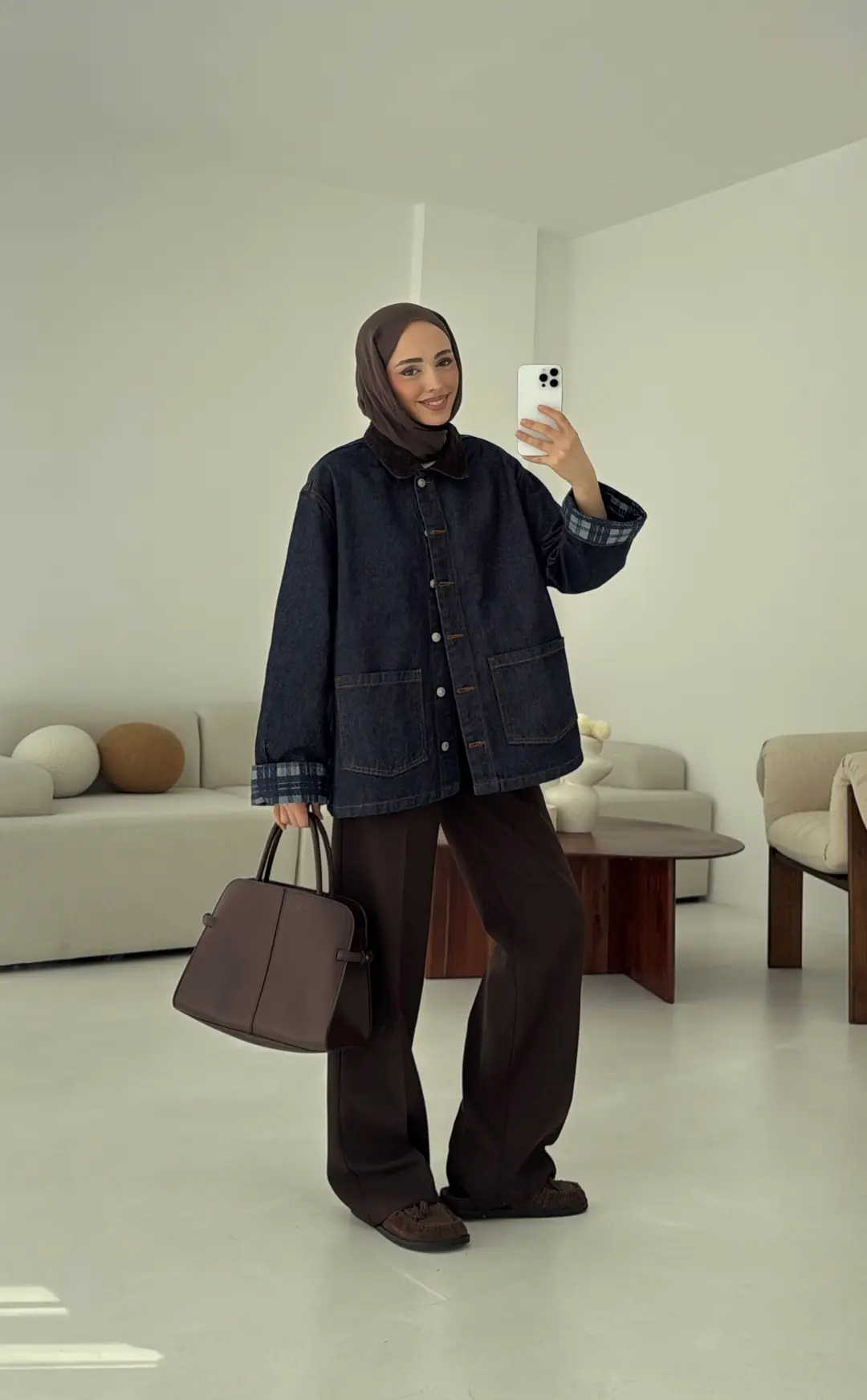 Astarı Ekose Detay Denim Ceket Mavi