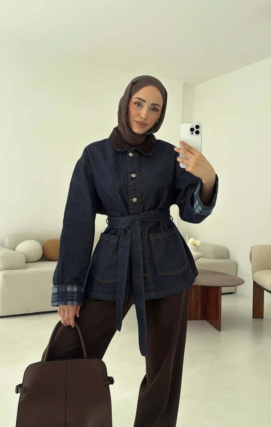 Astarı Ekose Detay Denim Ceket Mavi - Görsel 10