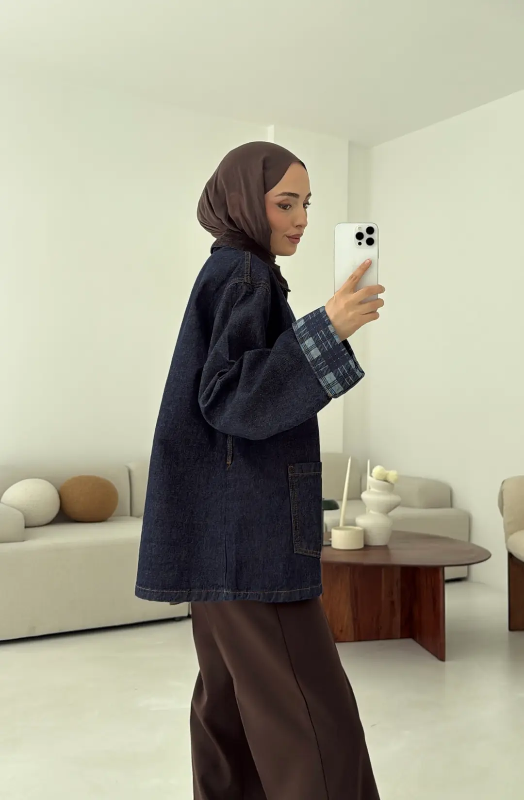 Astarı Ekose Detay Denim Ceket Mavi - Görsel 2