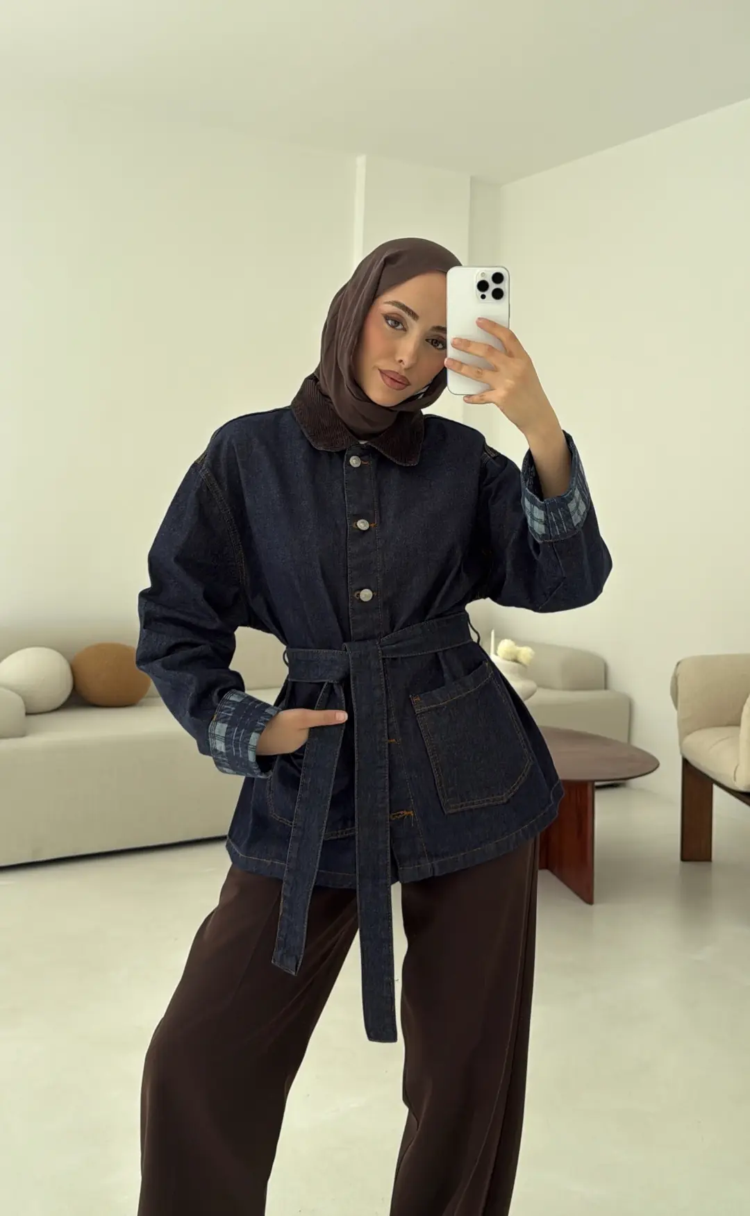 Astarı Ekose Detay Denim Ceket Mavi - Görsel 5