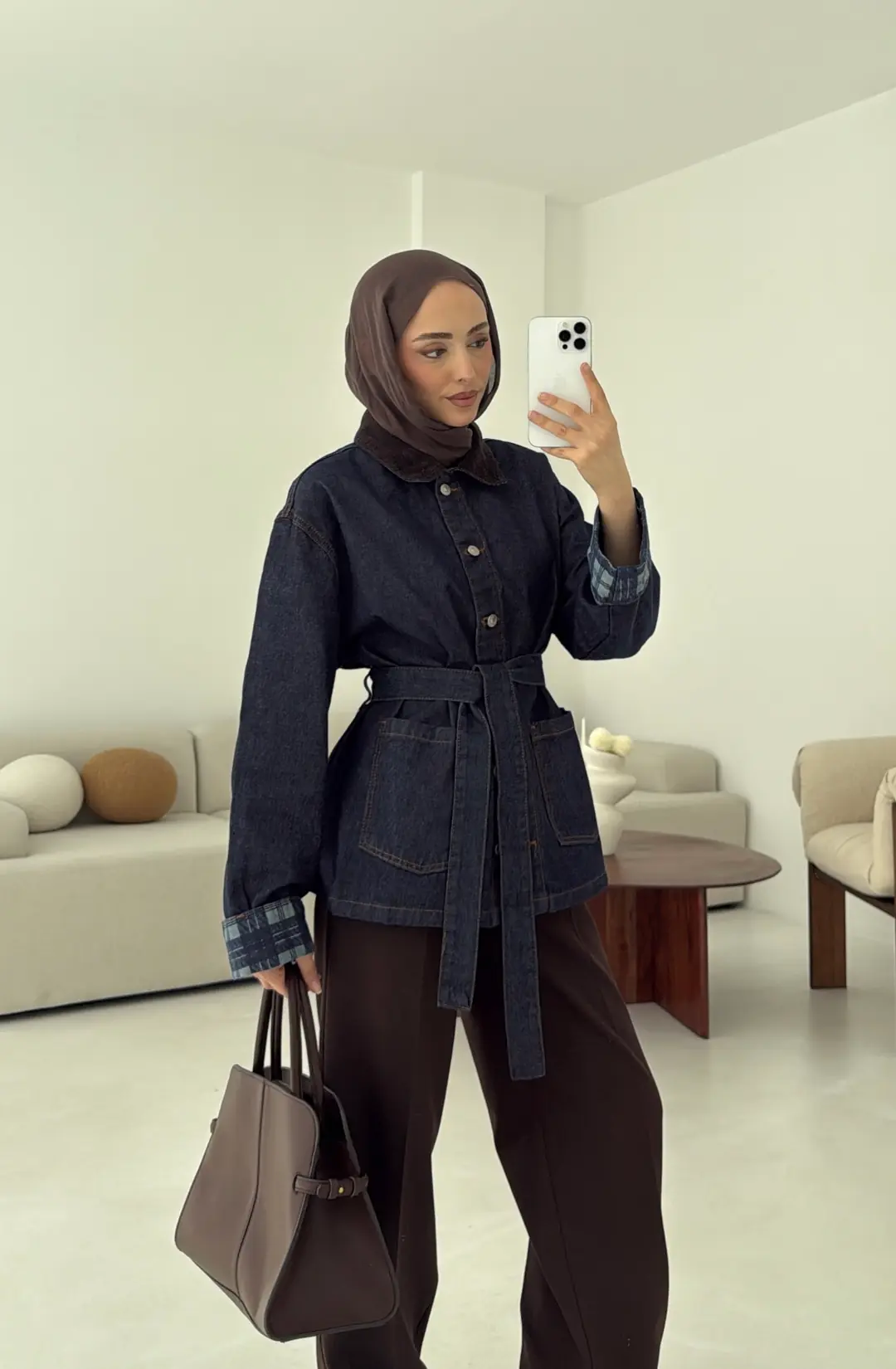 Astarı Ekose Detay Denim Ceket Mavi - Görsel 6