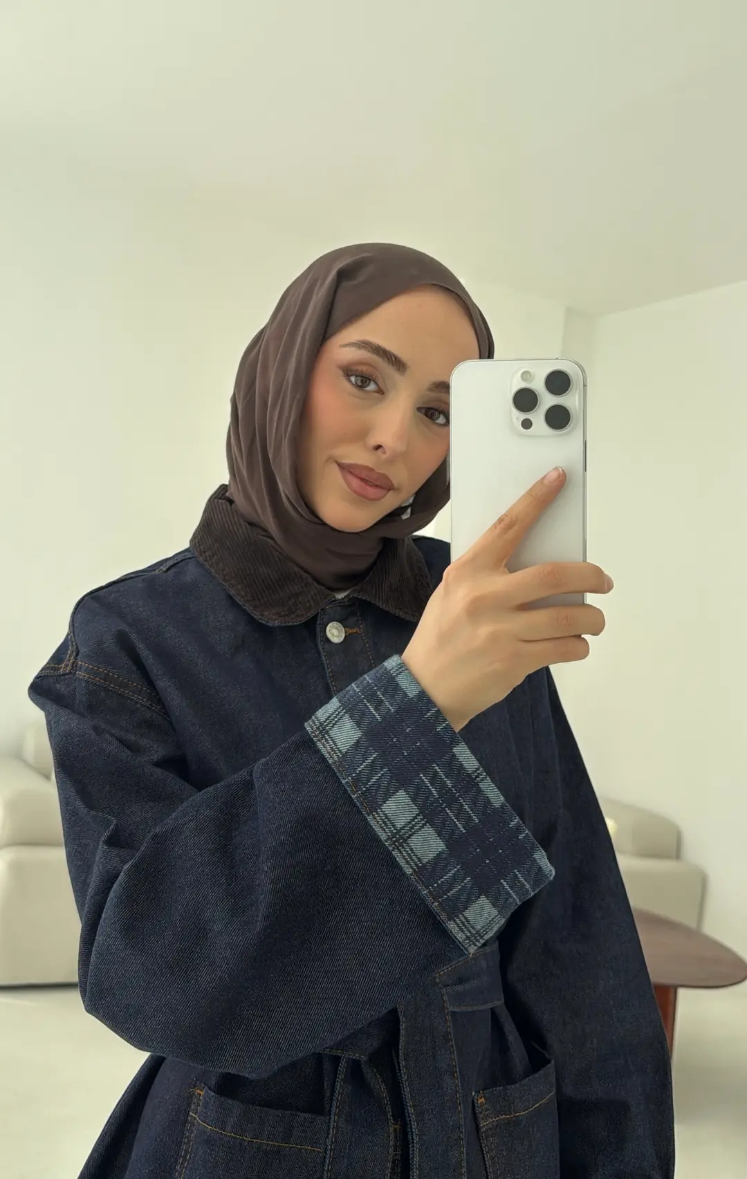 Astarı Ekose Detay Denim Ceket Mavi - Görsel 7