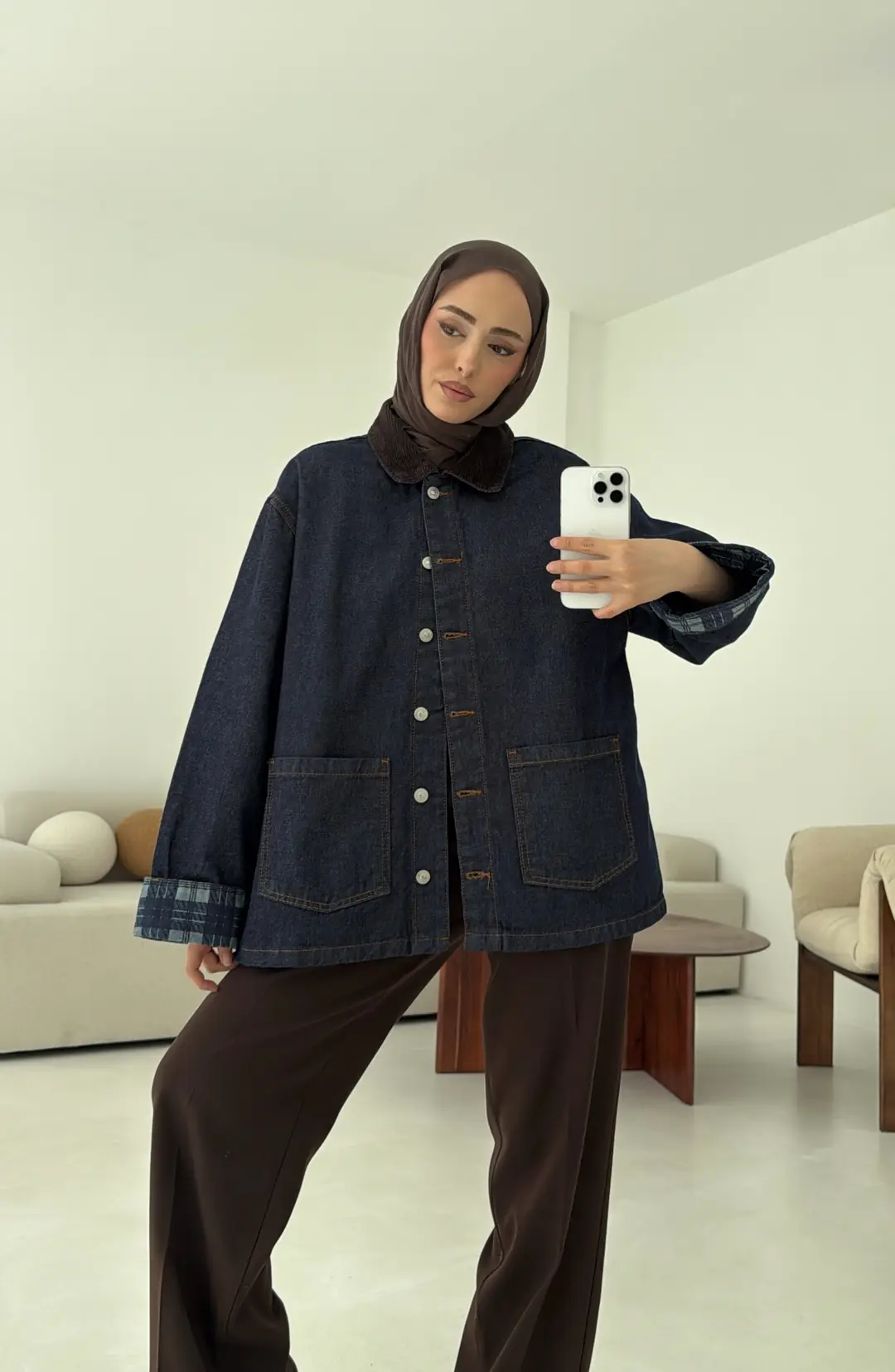 Astarı Ekose Detay Denim Ceket Mavi - Görsel 8