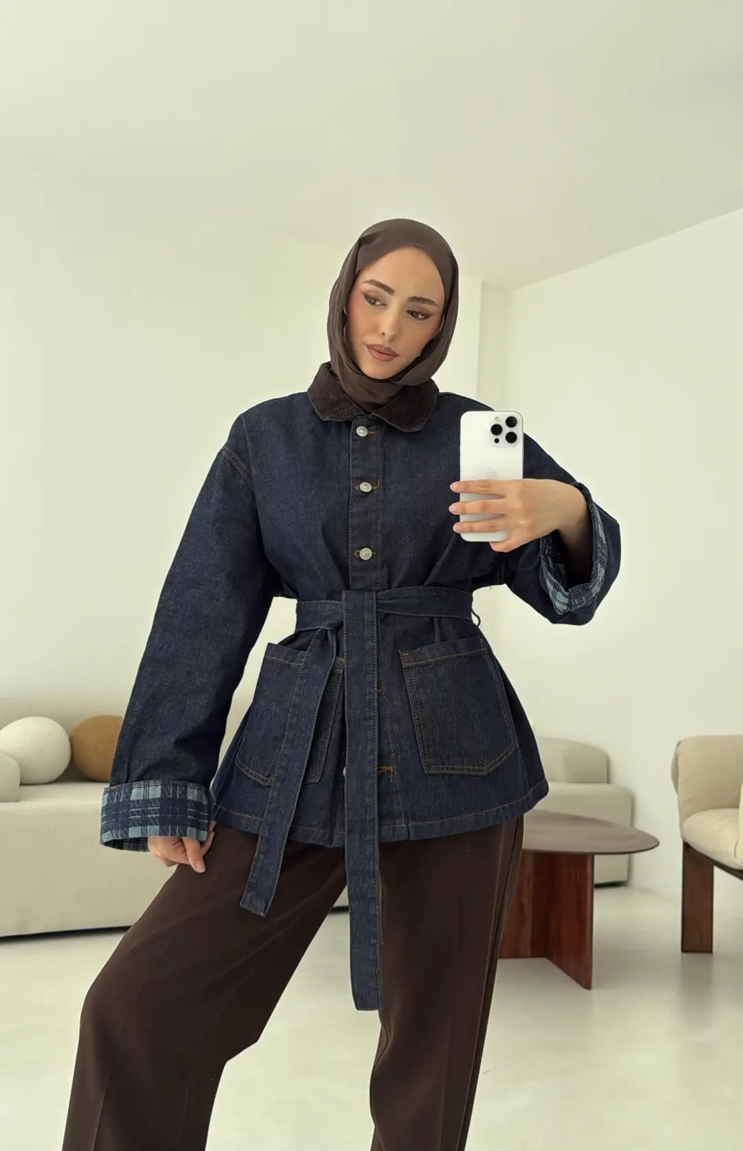 Astarı Ekose Detay Denim Ceket Mavi - Görsel 9