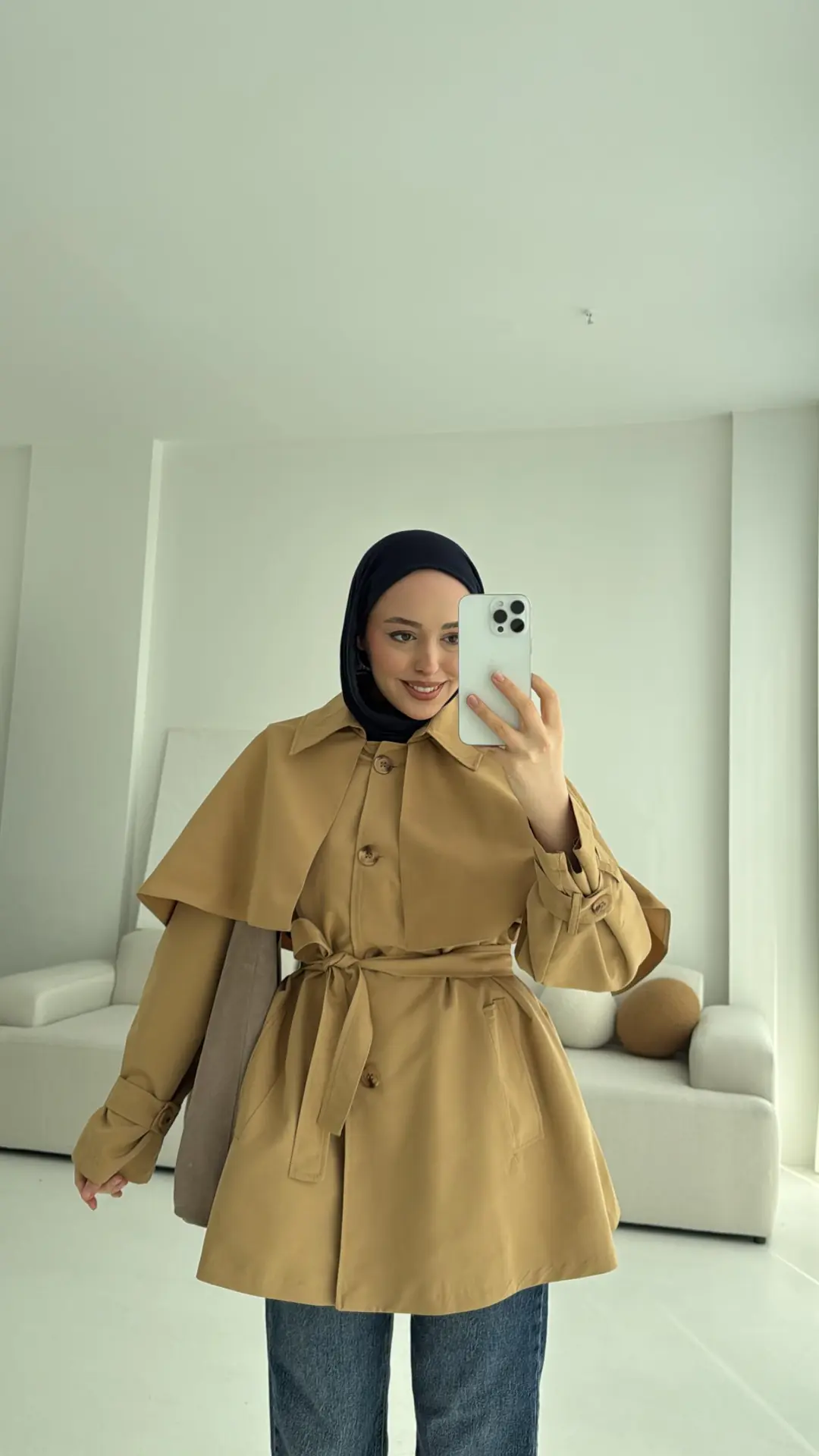 Astarlı Pelerinli Trençkot Camel