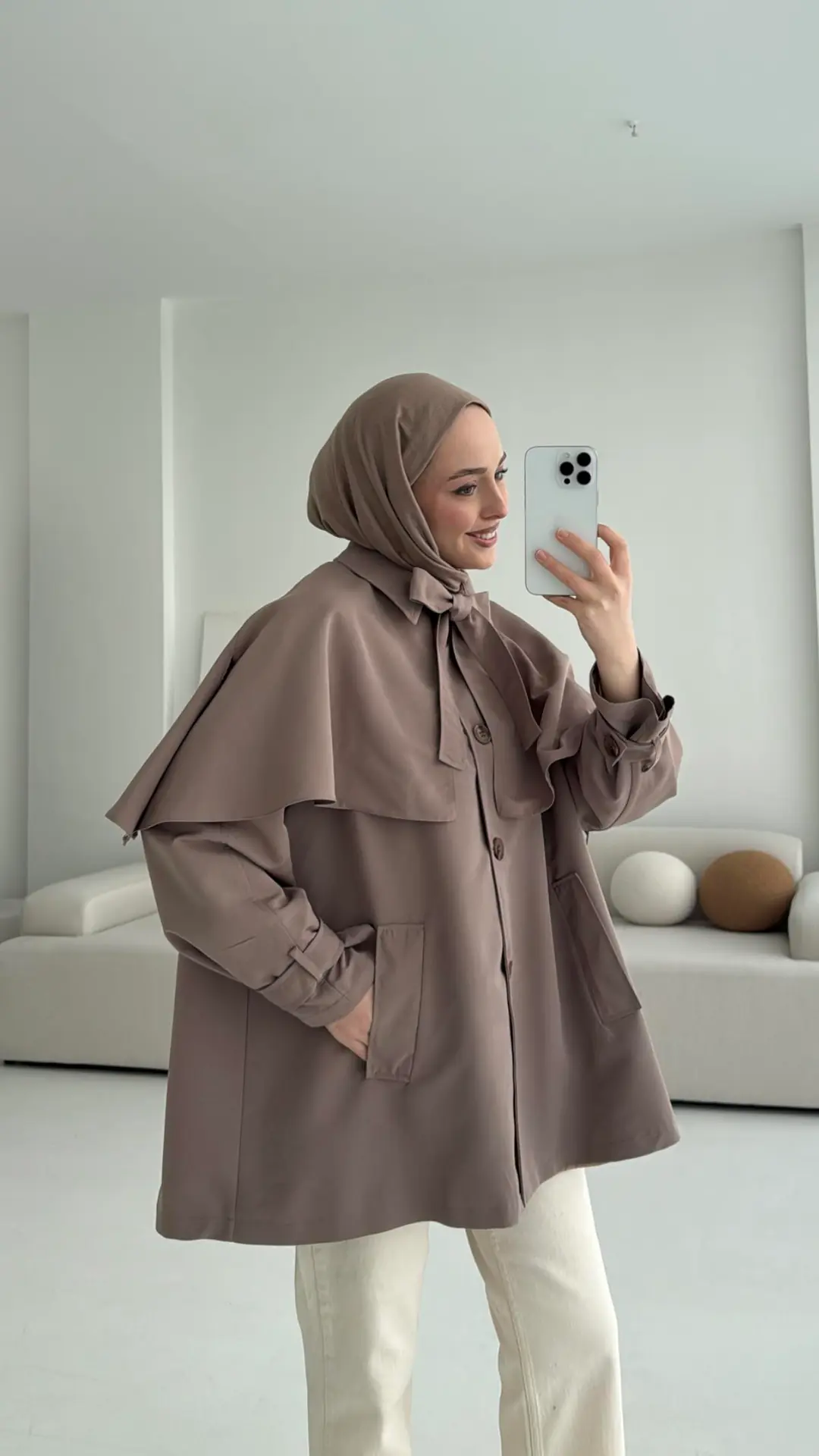 Astarlı Pelerinli Trençkot Vizon - Görsel 4