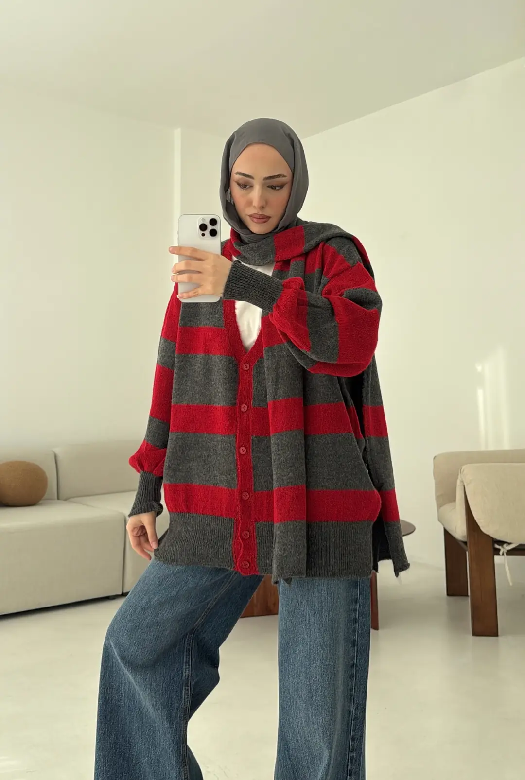 Atkılı Kalın Çizgili Hırka - Görsel 5