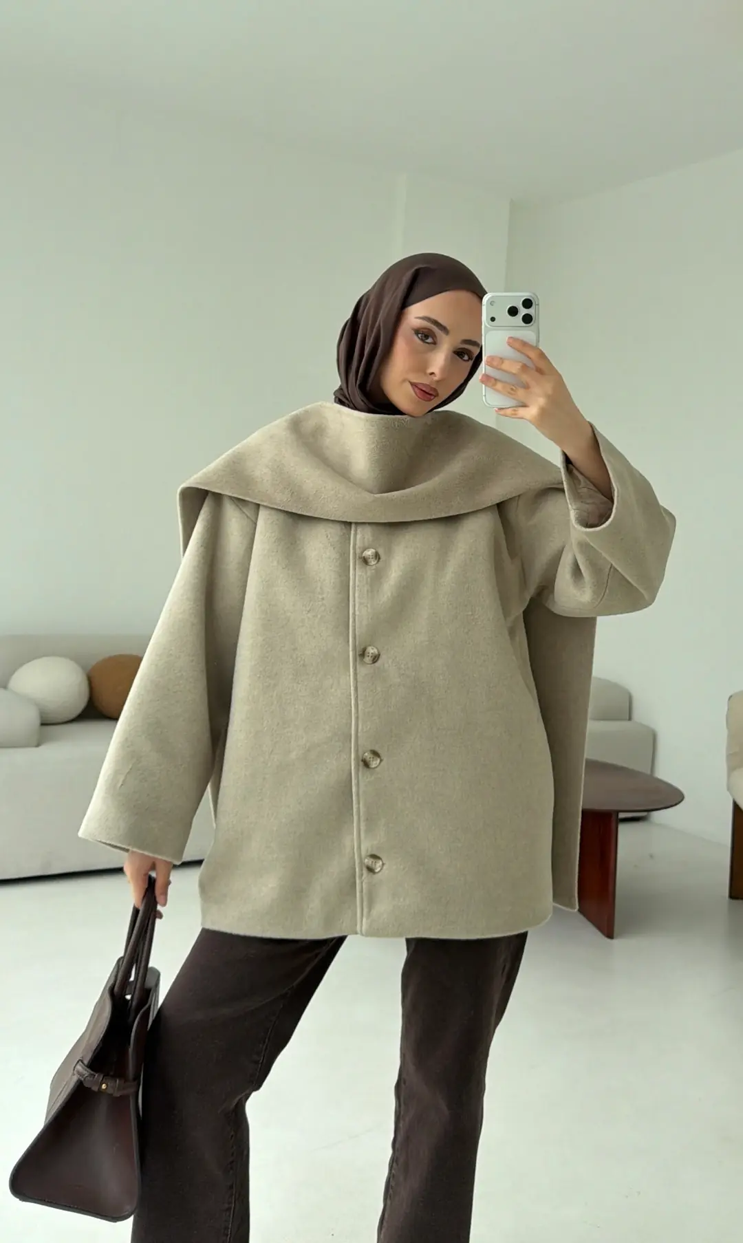 Atkılı Kaşe Kaban Bej - Görsel 3