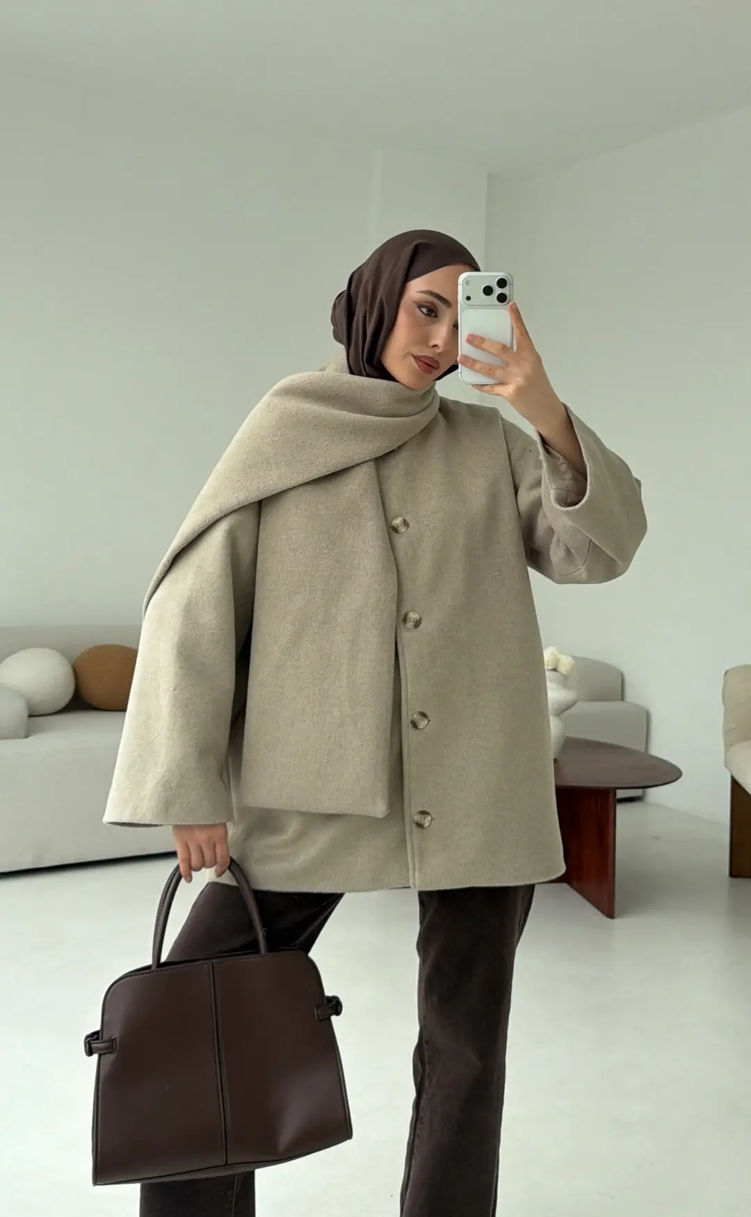 Atkılı Kaşe Kaban Bej - Görsel 4