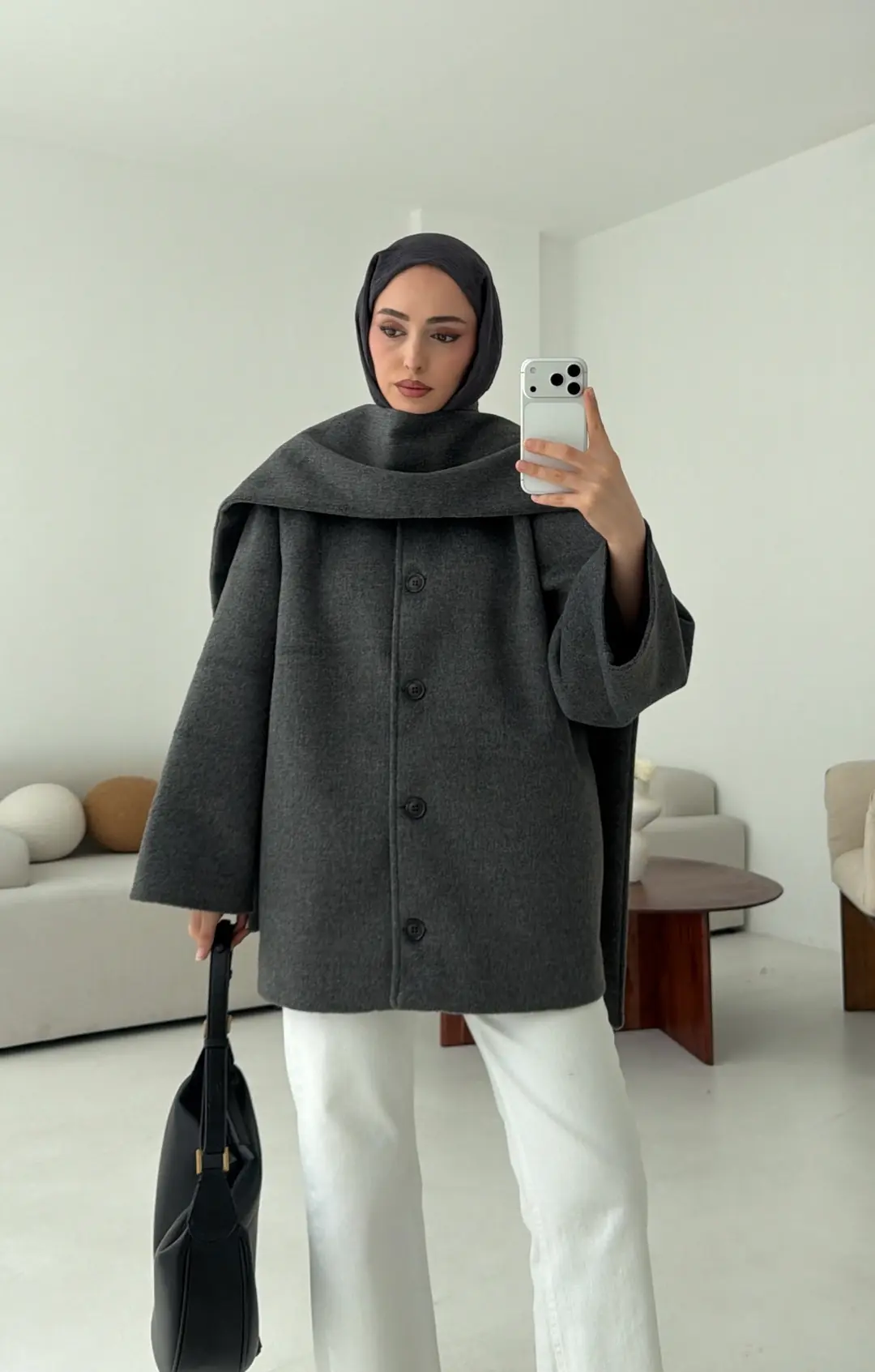 Atkılı Kaşe Kaban Gri