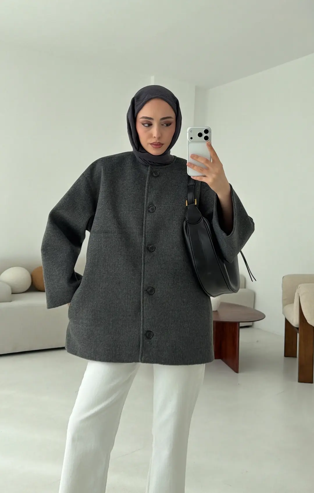 Atkılı Kaşe Kaban Gri - Görsel 2