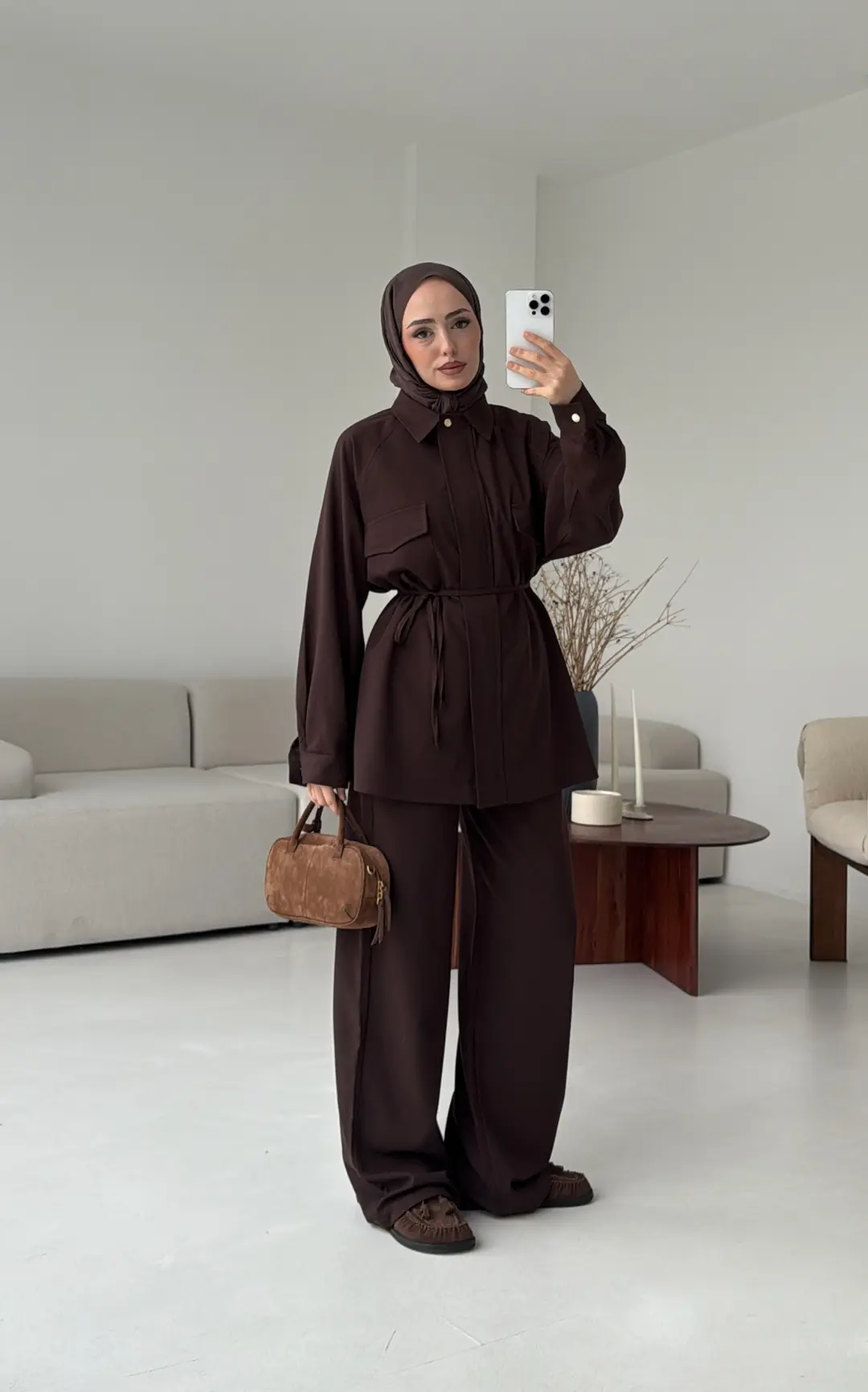 Bağcıklı Bluz Pantolon Takım Kahve