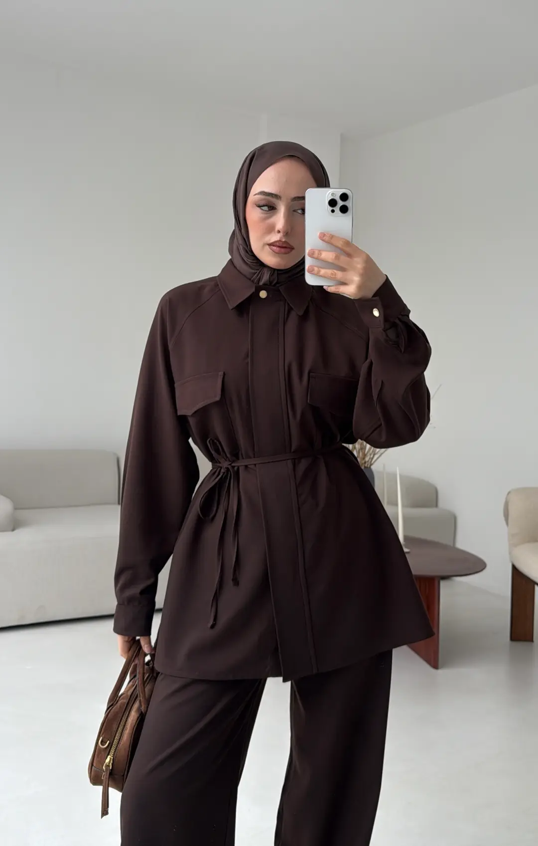 Bağcıklı Bluz Pantolon Takım Kahve - Görsel 2