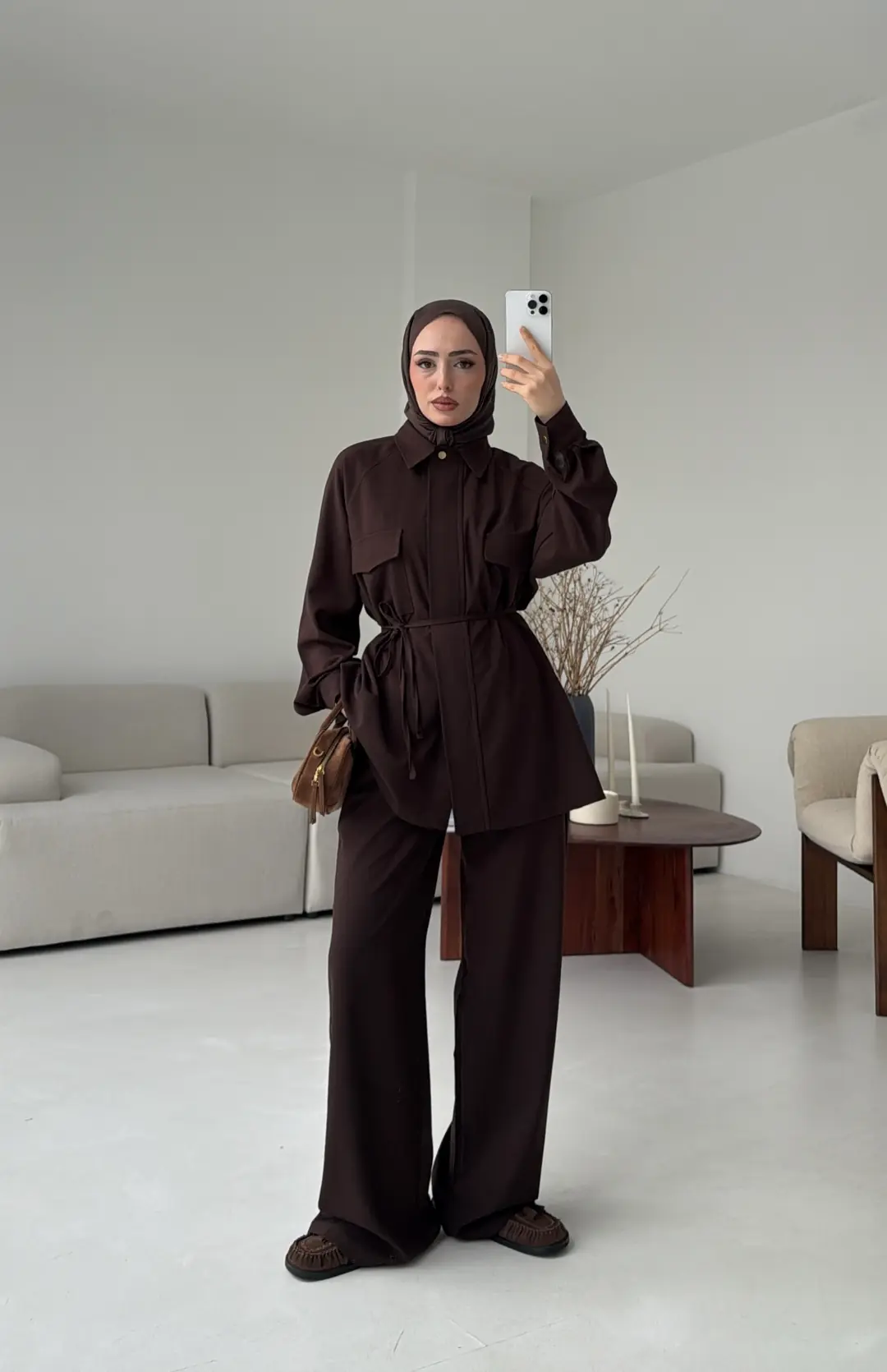 Bağcıklı Bluz Pantolon Takım Kahve - Görsel 4