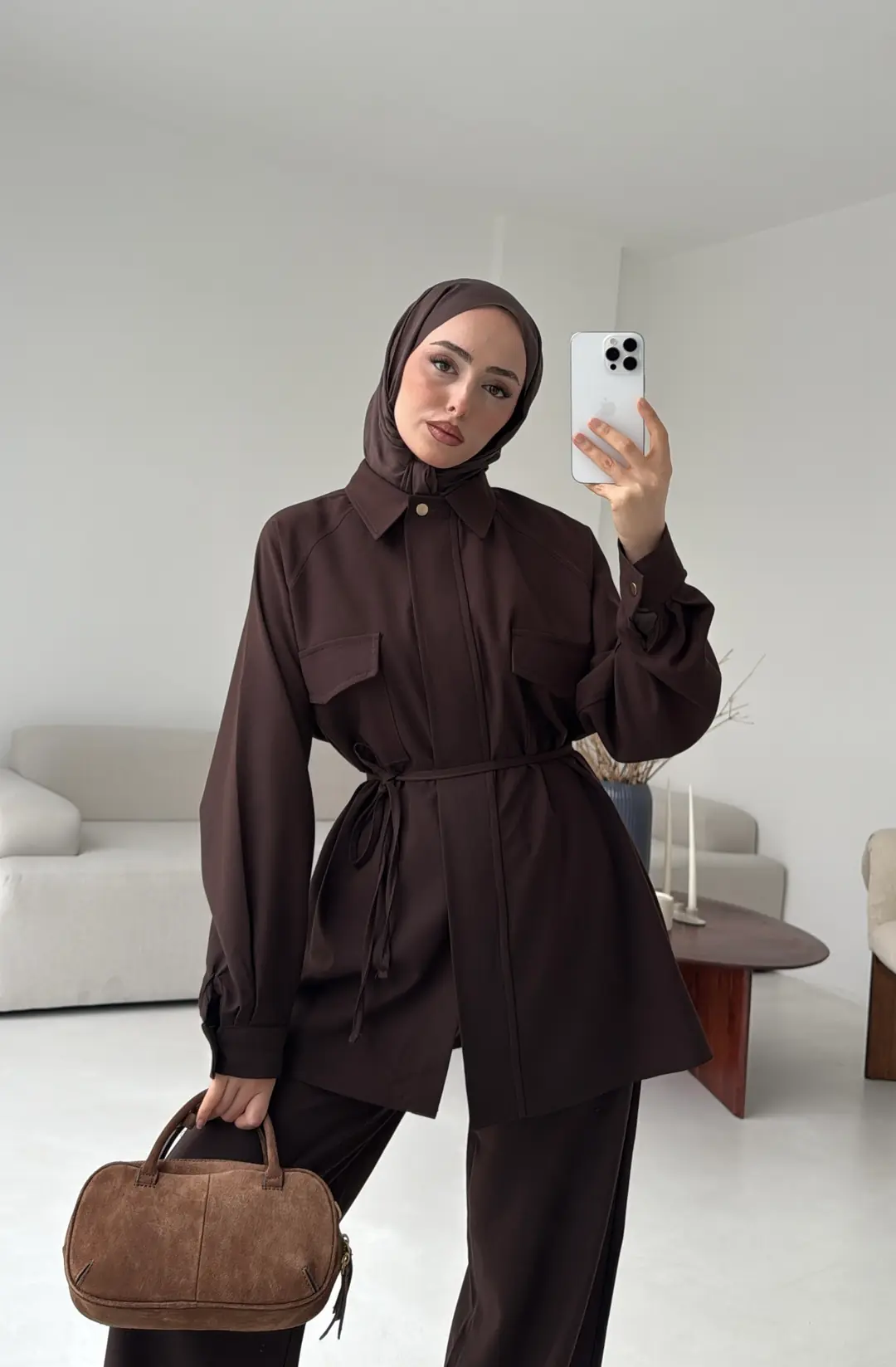 Bağcıklı Bluz Pantolon Takım Kahve - Görsel 7