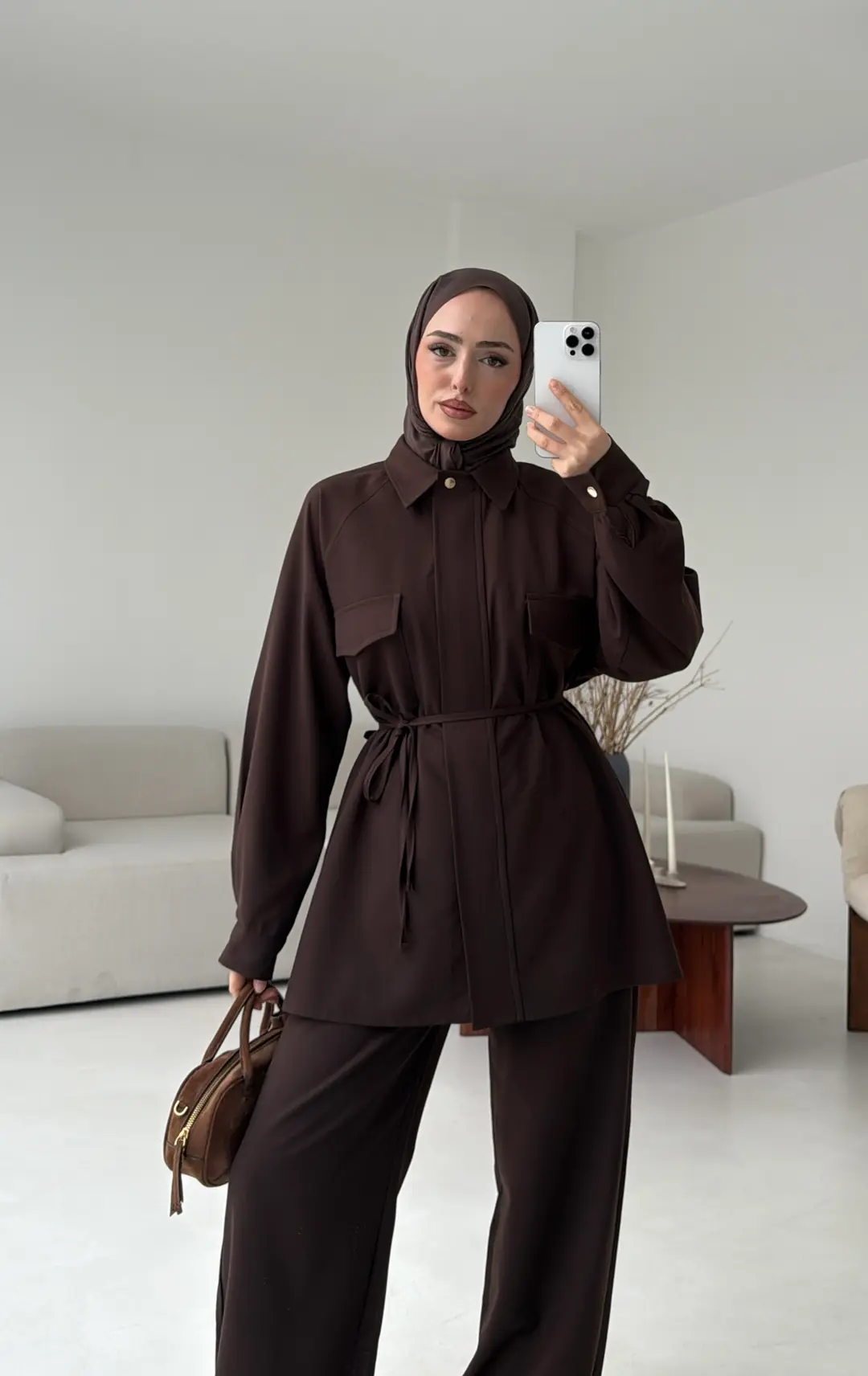 Bağcıklı Bluz Pantolon Takım Kahve - Görsel 8