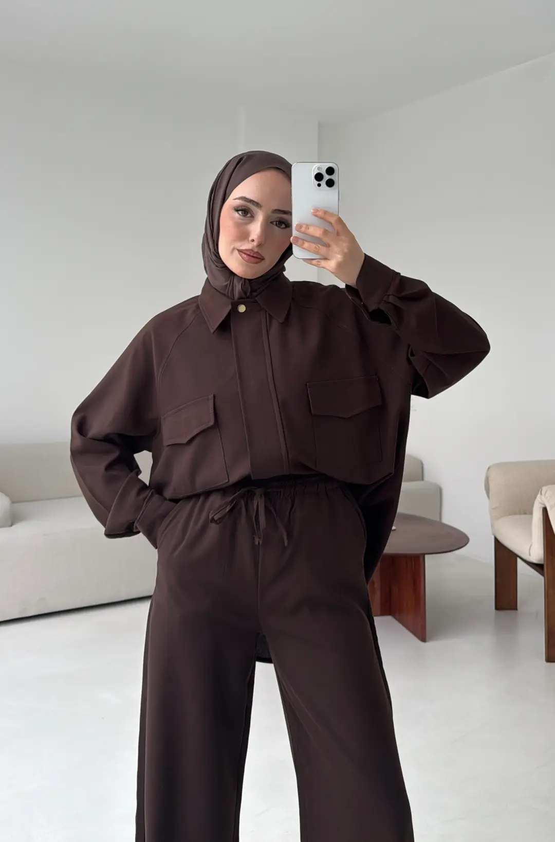 Bağcıklı Bluz Pantolon Takım Kahve - Görsel 9