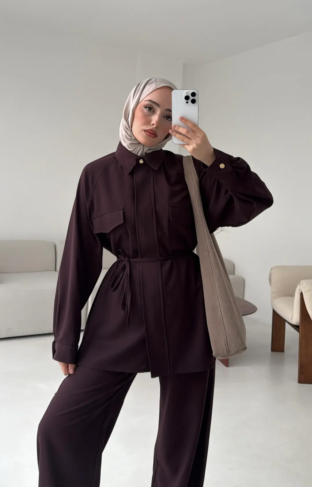 Bağcıklı Bluz Pantolon Takım Mürdüm - Görsel 4