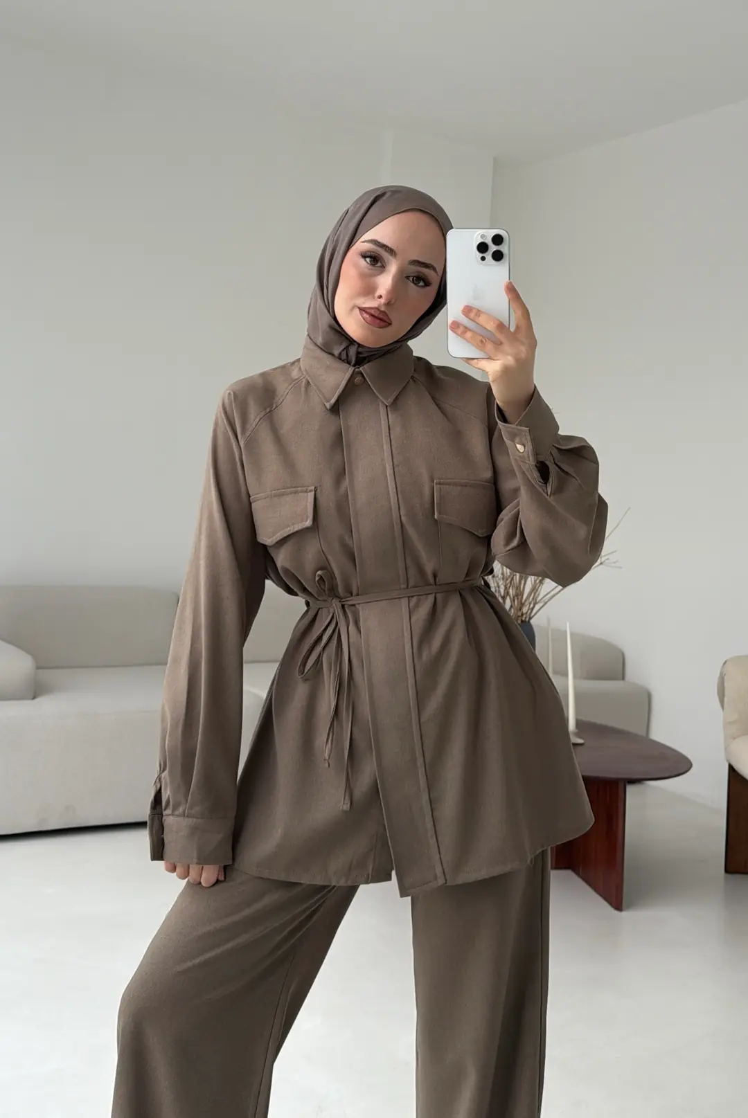 Bağcıklı Bluz Pantolon Takım Vizon - Görsel 2