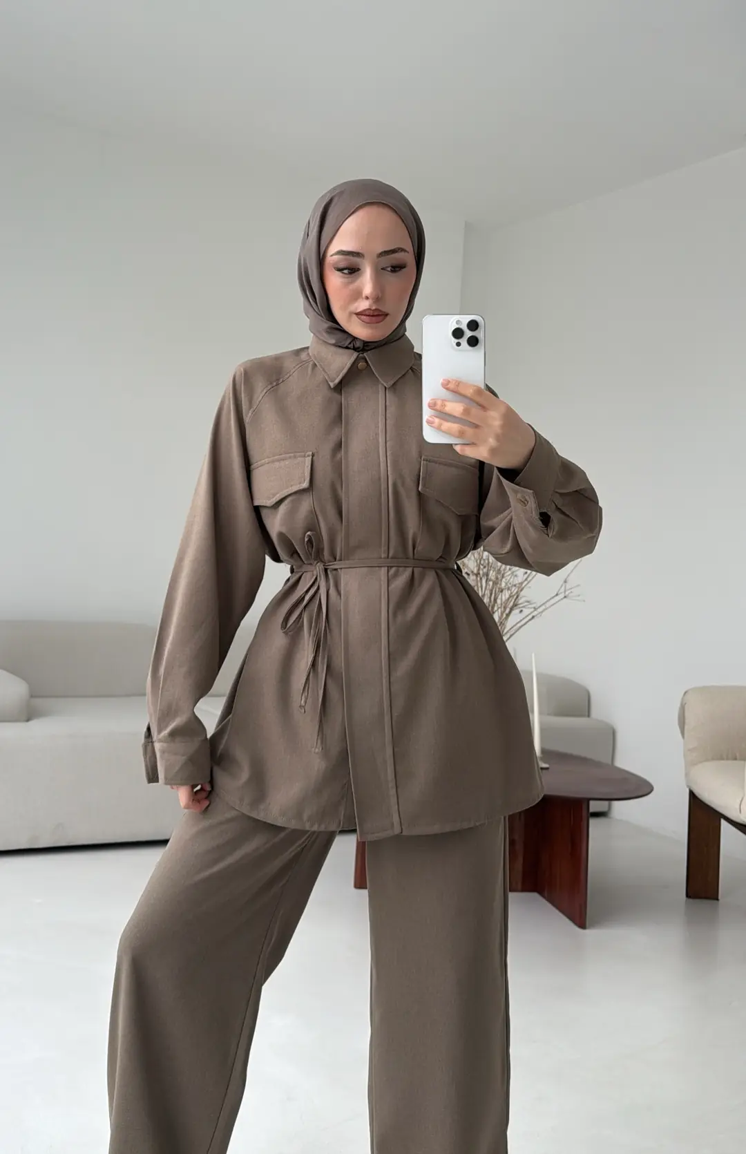 Bağcıklı Bluz Pantolon Takım Vizon - Görsel 6