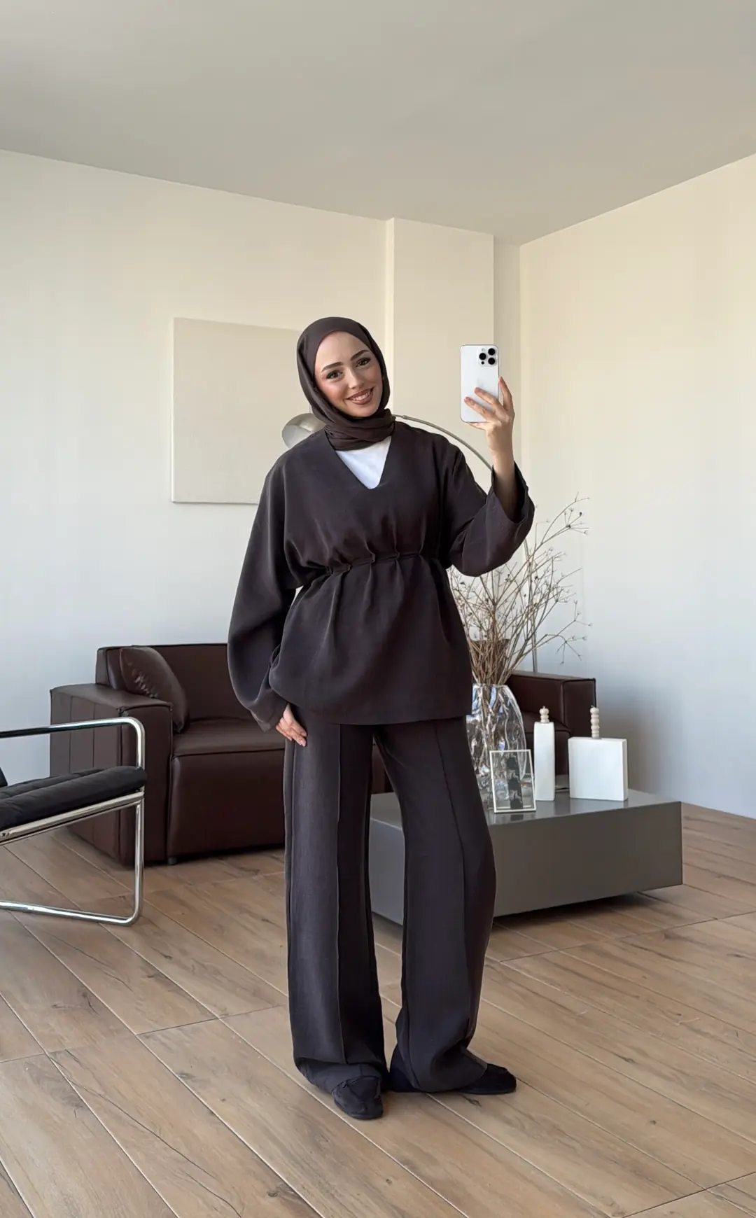 V Yaka Pantolon Takım Kahve