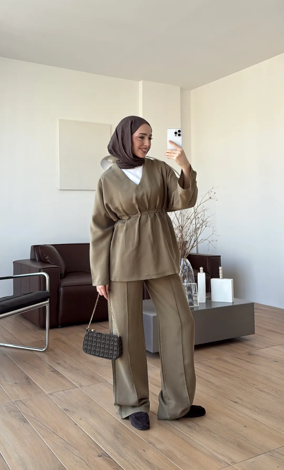 V Yaka Pantolon Takım Olive