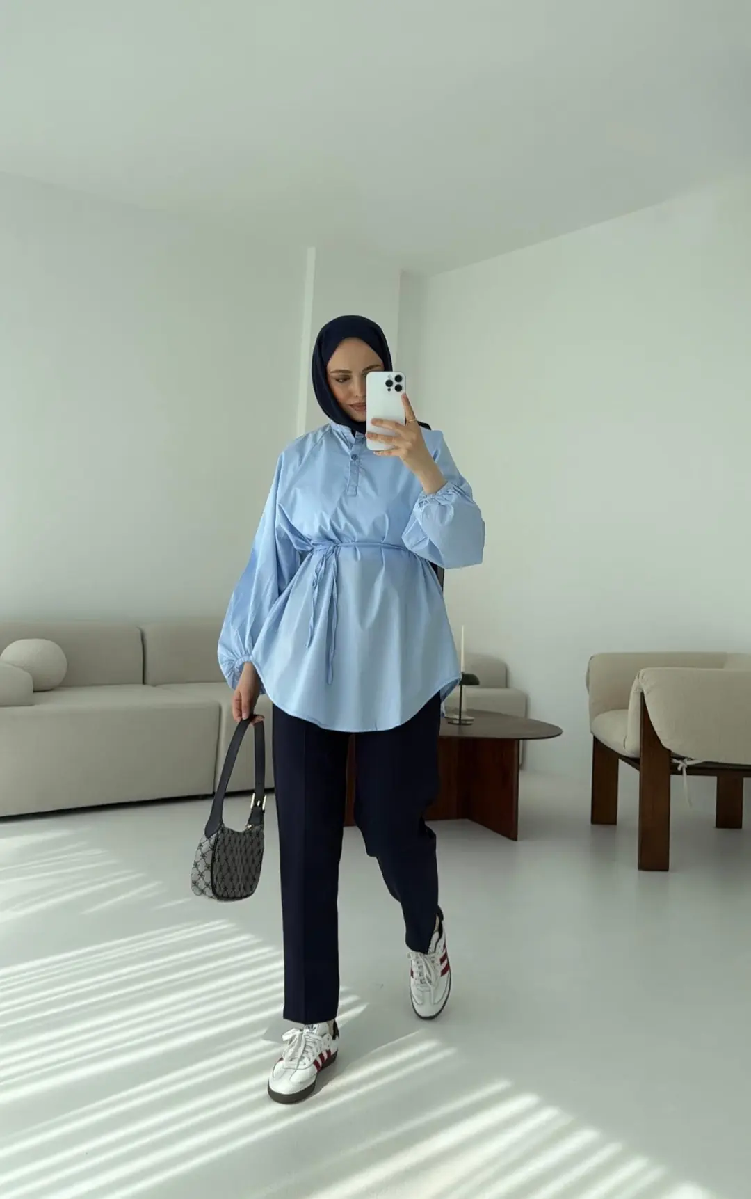 Bağlamalı Balon Gömlek Mavi - Görsel 4