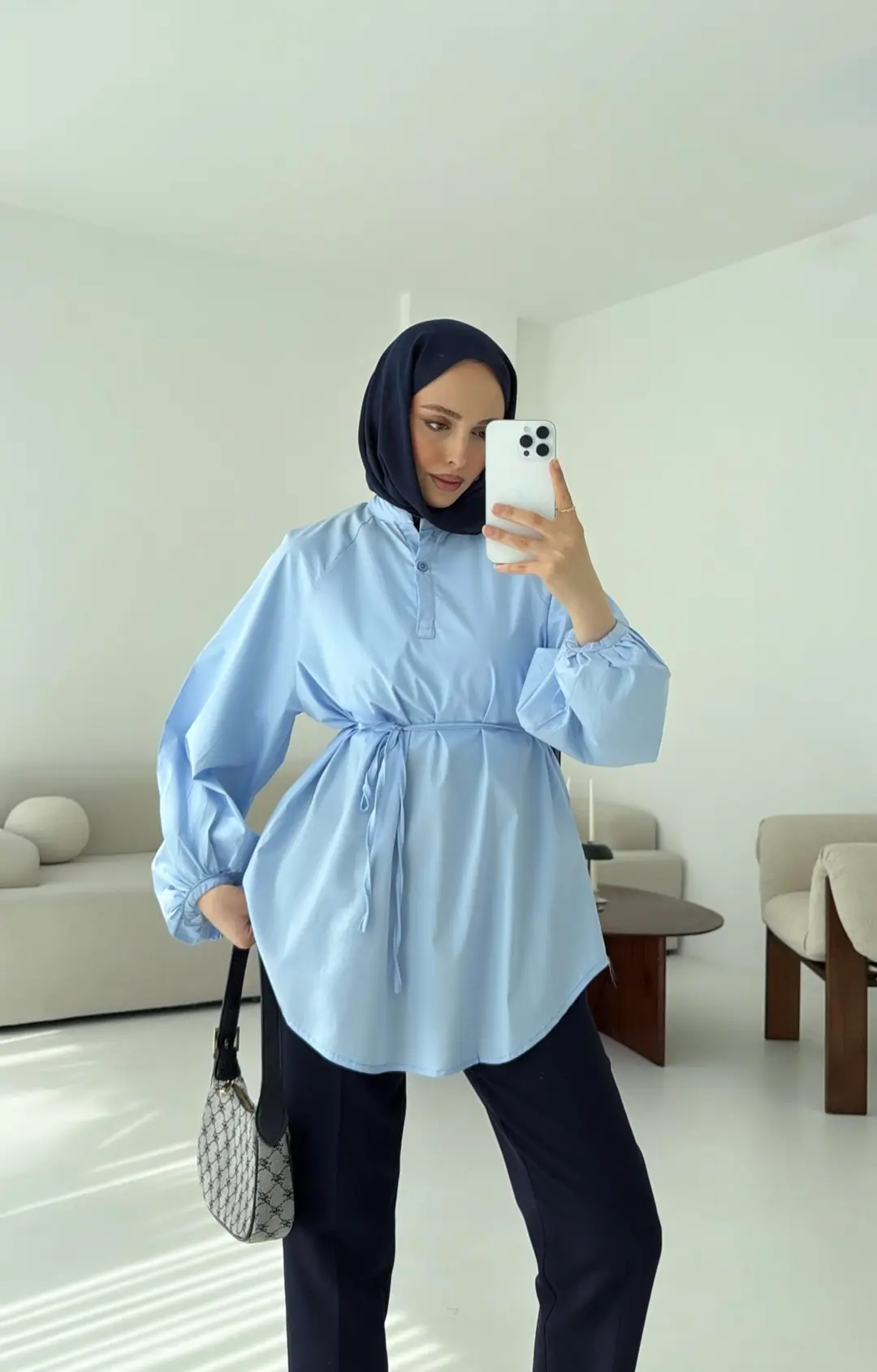 Bağlamalı Balon Gömlek Mavi - Görsel 5