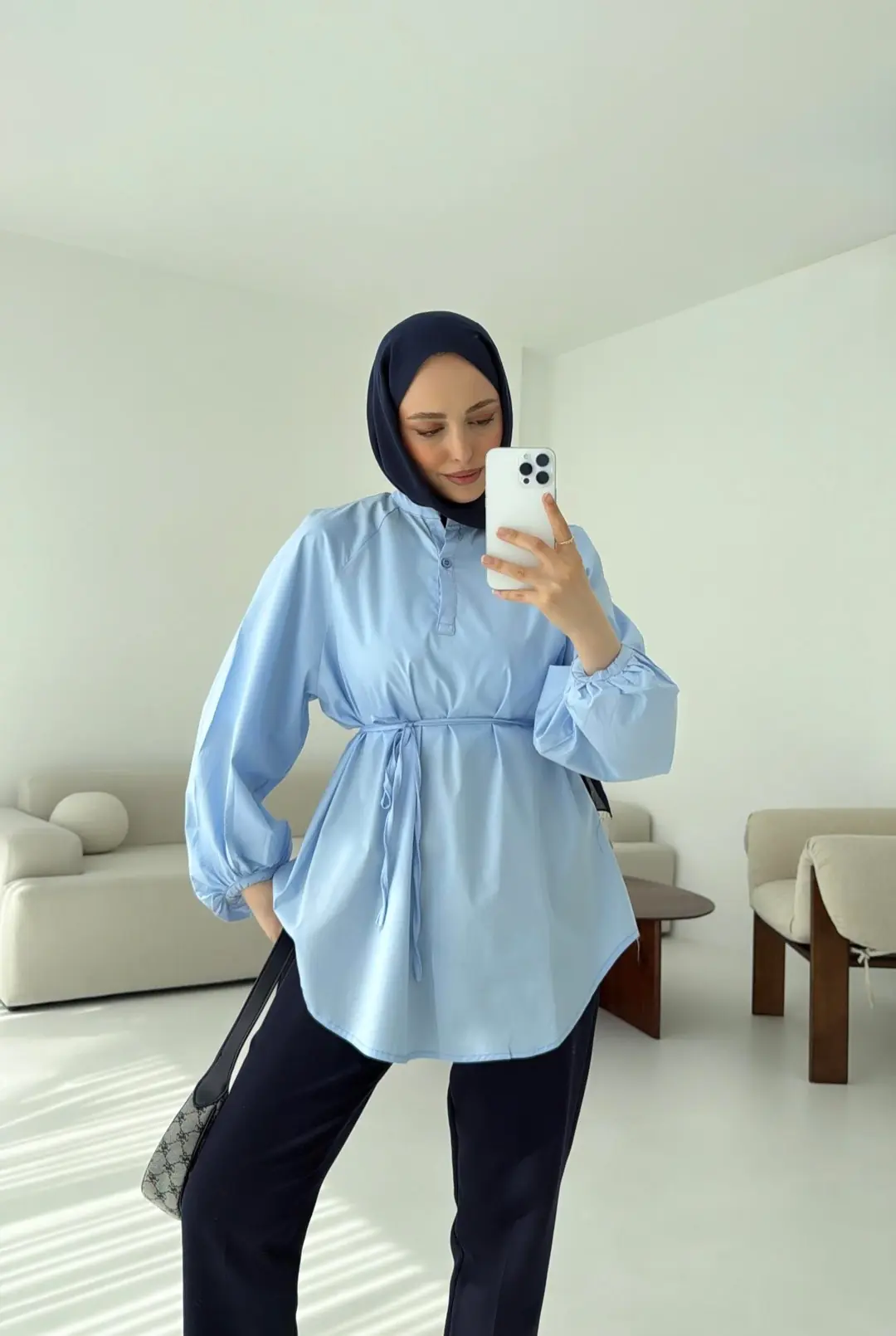 Bağlamalı Balon Gömlek Mavi - Görsel 7