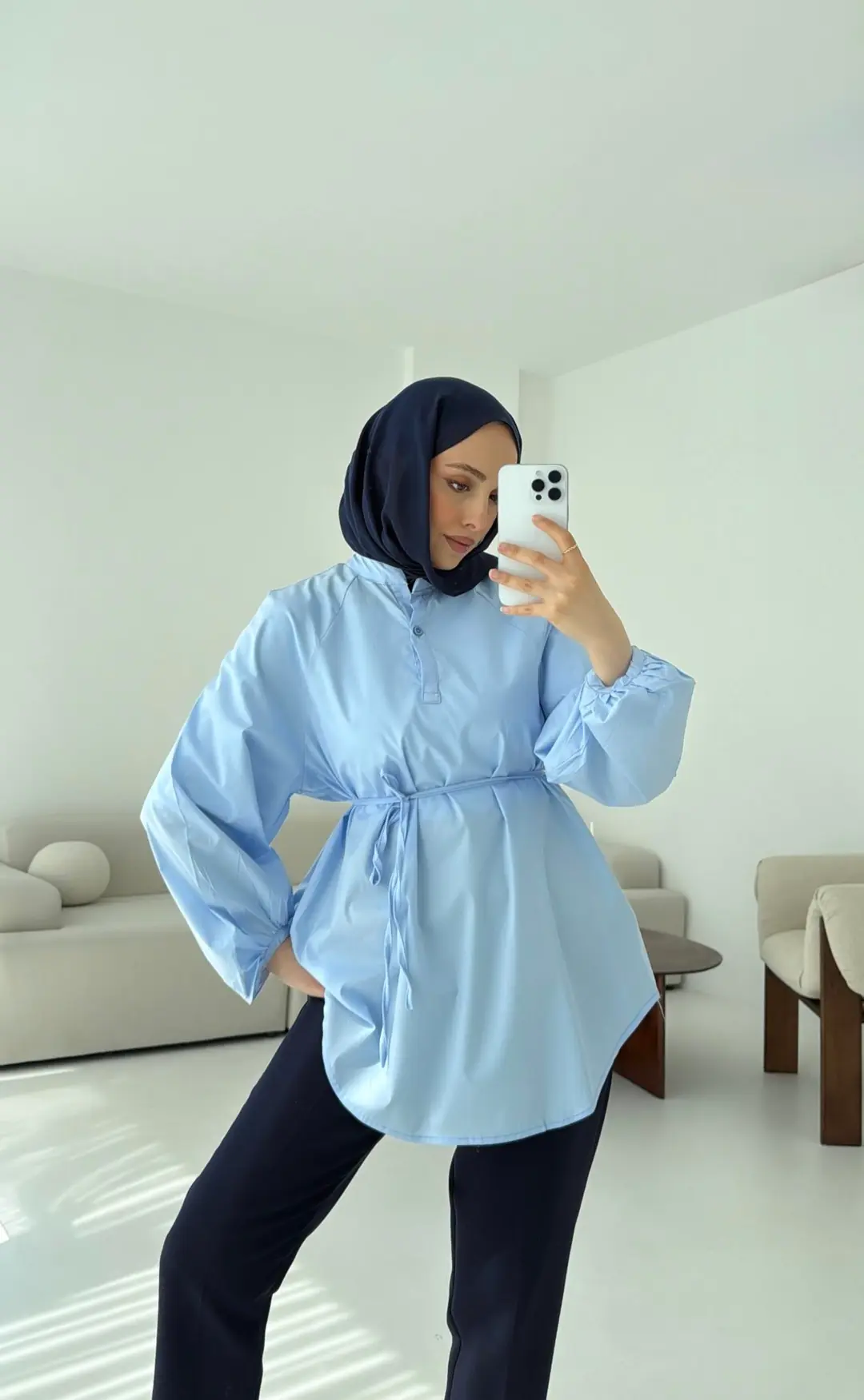 Bağlamalı Balon Gömlek Mavi - Görsel 8